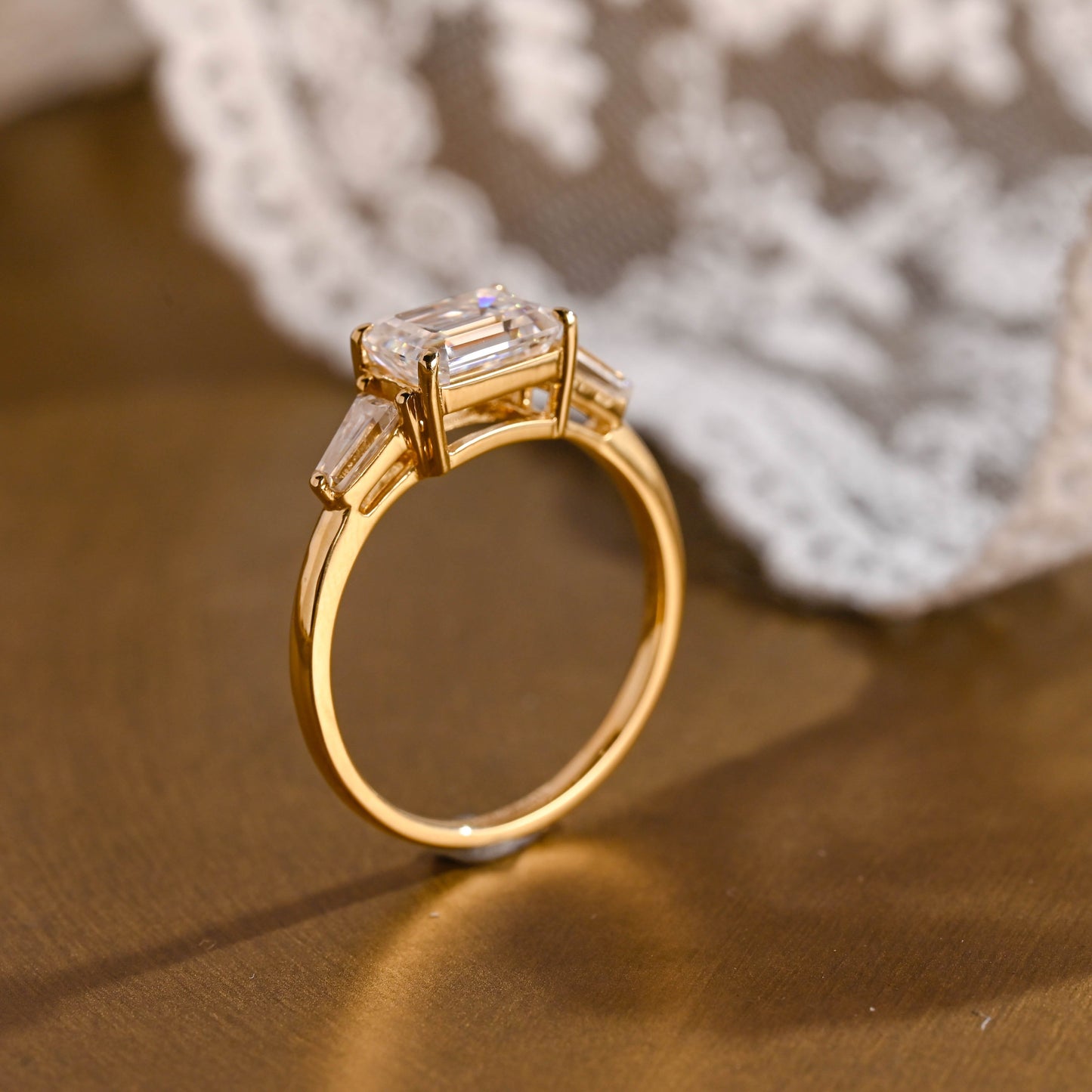 SquareJewelry emerald cut moissanite engagement ring Solid Gold East-West Tapered Baguette Three Stone Emerald Cut Moissanite Engagement Ring