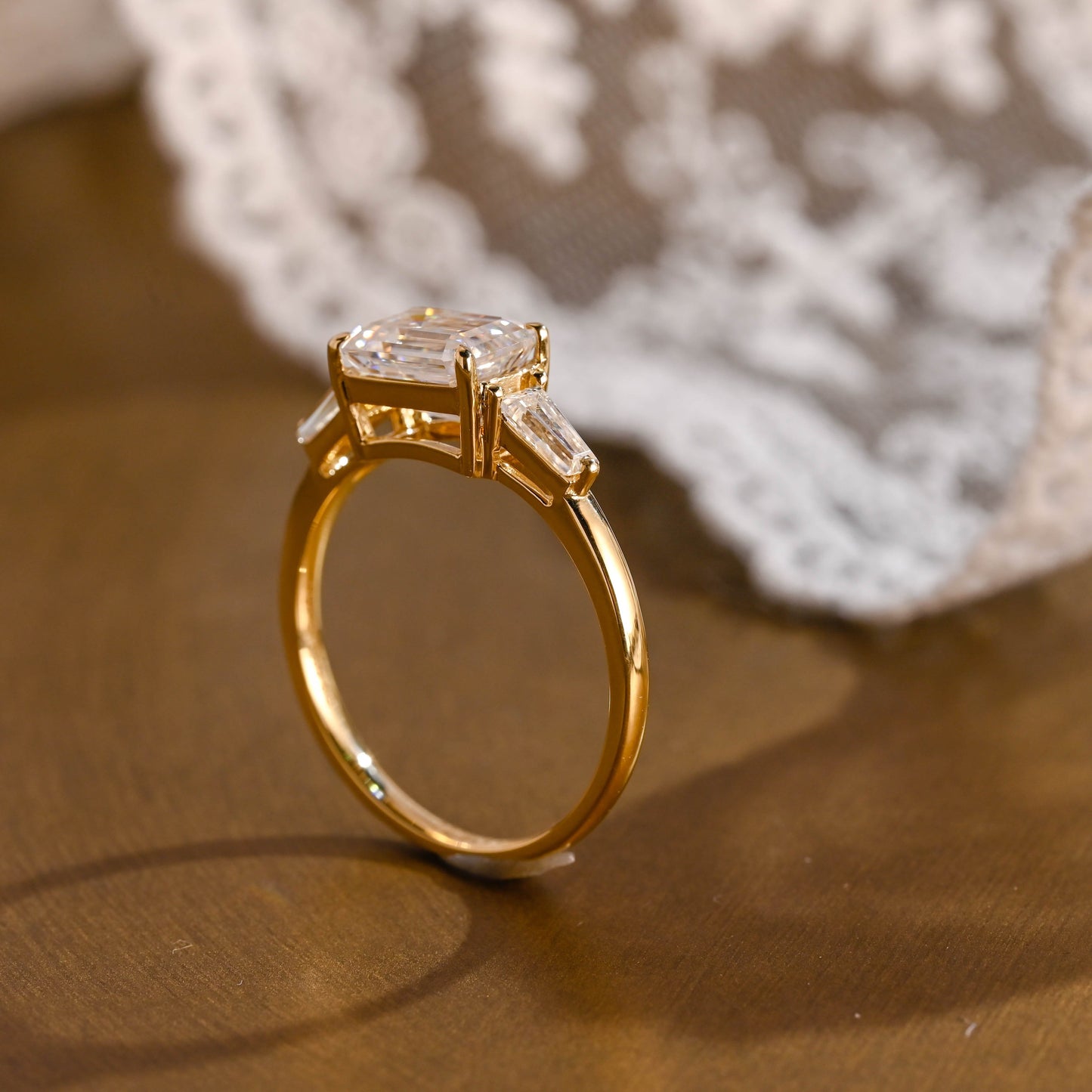 SquareJewelry emerald cut moissanite engagement ring Solid Gold East-West Tapered Baguette Three Stone Emerald Cut Moissanite Engagement Ring