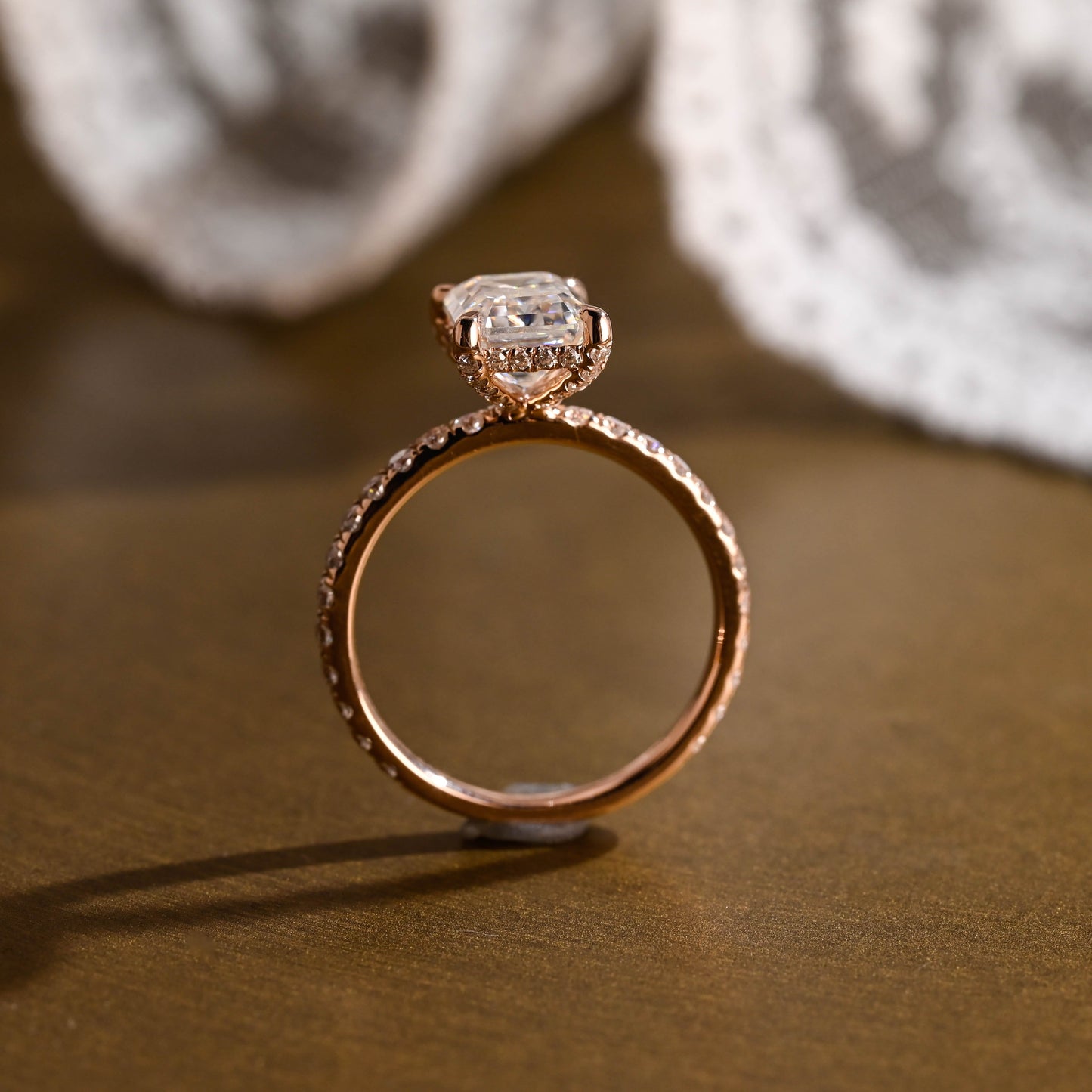 SquareJewelry emerald cut moissanite engagement ring Solid Gold Hidden Halo Emerald Cut Moissanite Engagement Ring With Paved Prongs