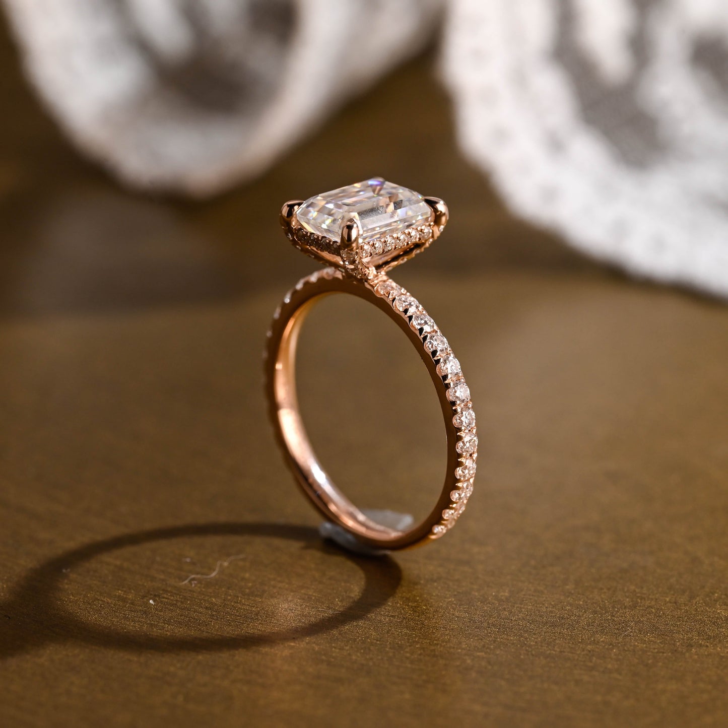 SquareJewelry emerald cut moissanite engagement ring Solid Gold Hidden Halo Emerald Cut Moissanite Engagement Ring With Paved Prongs