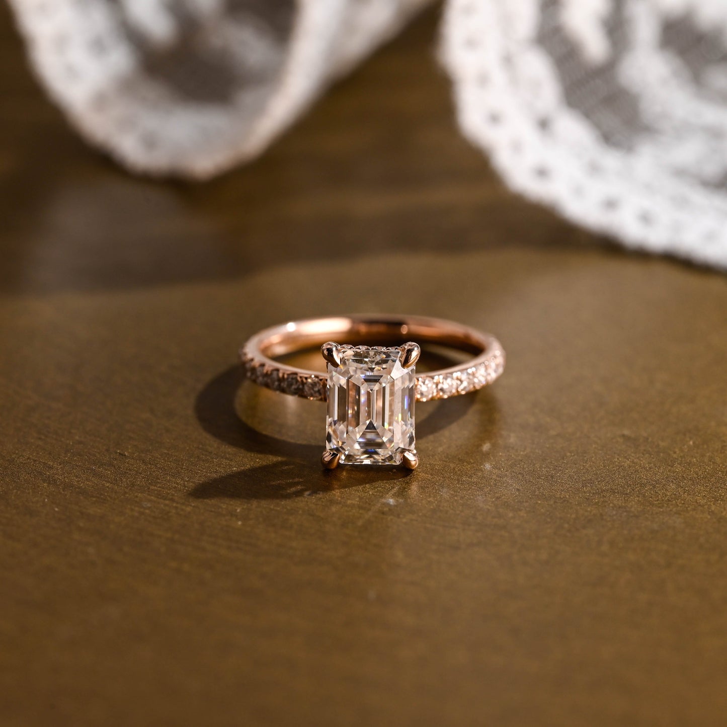 SquareJewelry emerald cut moissanite engagement ring Solid Gold Hidden Halo Emerald Cut Moissanite Engagement Ring With Paved Prongs