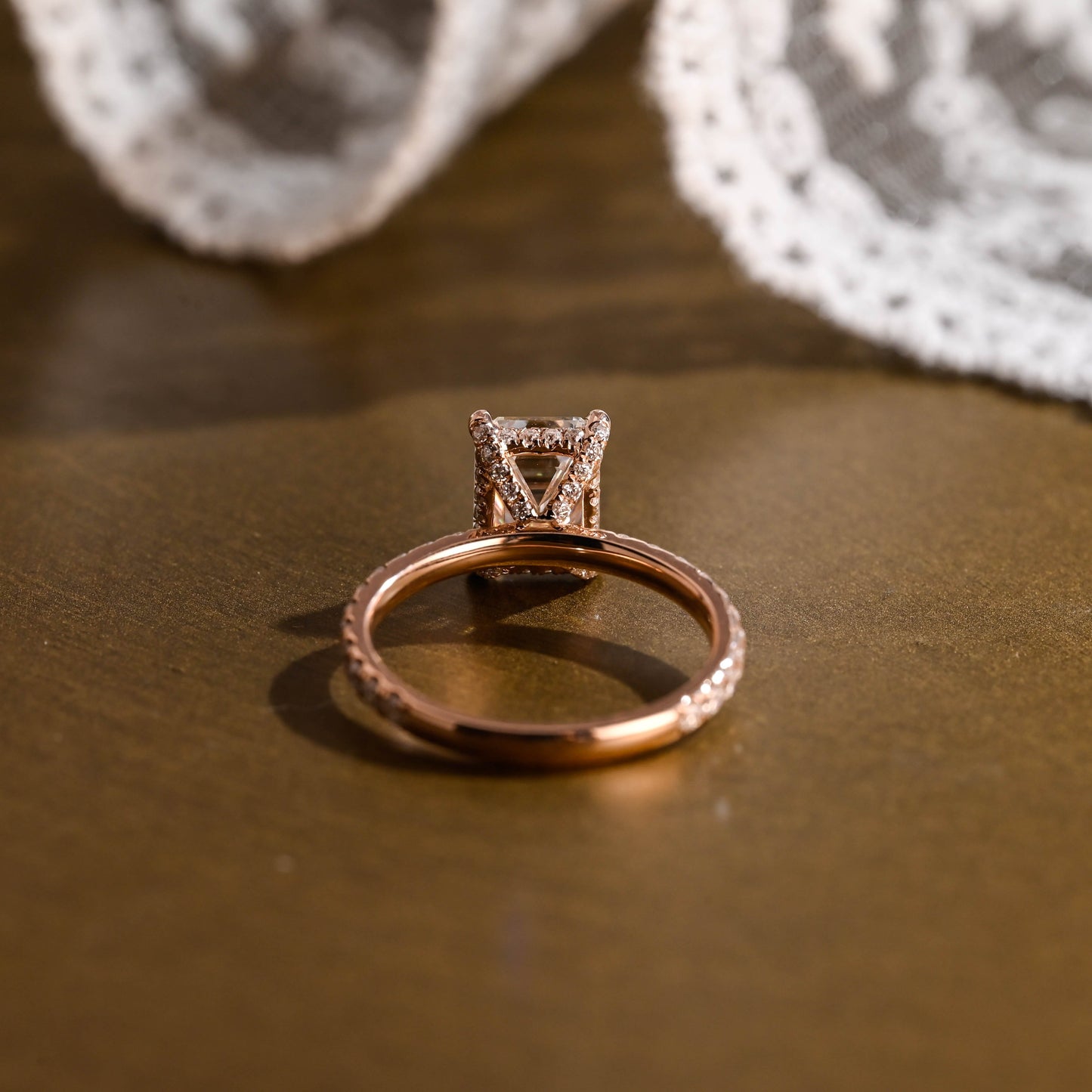 SquareJewelry emerald cut moissanite engagement ring Solid Gold Hidden Halo Emerald Cut Moissanite Engagement Ring With Paved Prongs