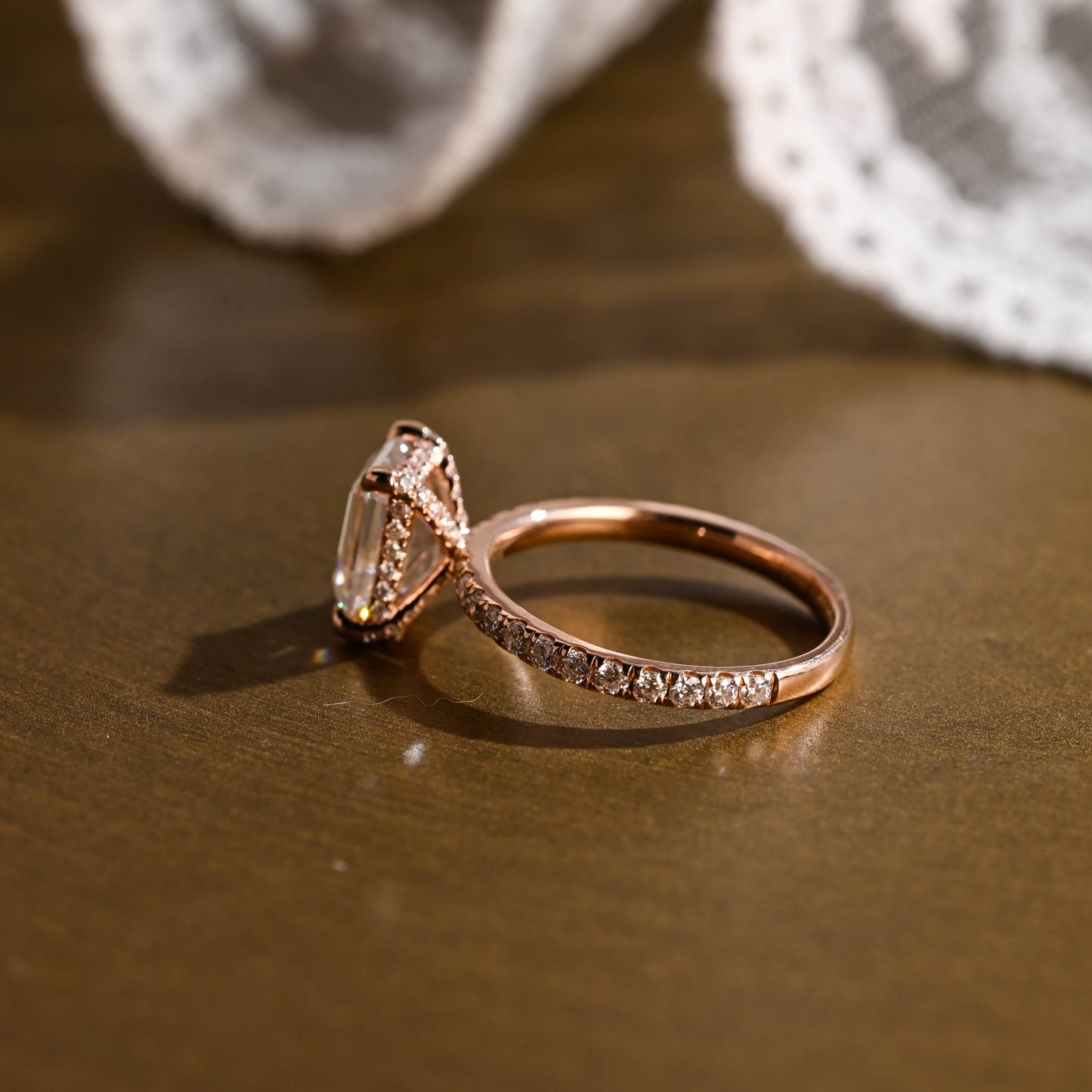 SquareJewelry emerald cut moissanite engagement ring Solid Gold Hidden Halo Emerald Cut Moissanite Engagement Ring With Paved Prongs