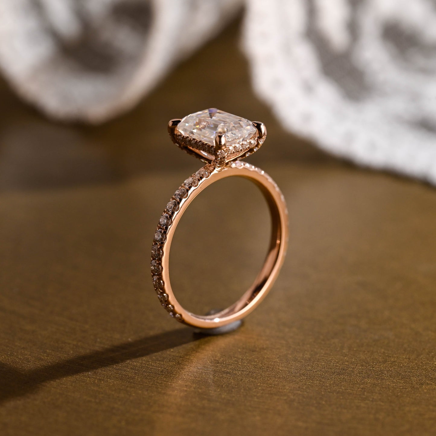 SquareJewelry emerald cut moissanite engagement ring Solid Gold Hidden Halo Emerald Cut Moissanite Engagement Ring With Paved Prongs