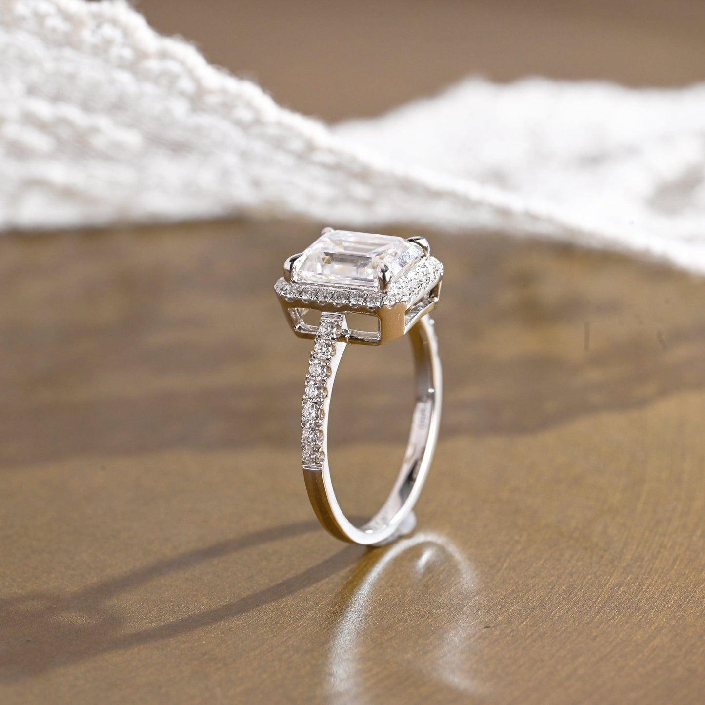 SquareJewelry emerald cut moissanite engagement ring Solid Gold Pave Halo Emerald Cut Moissanite Engagement Ring