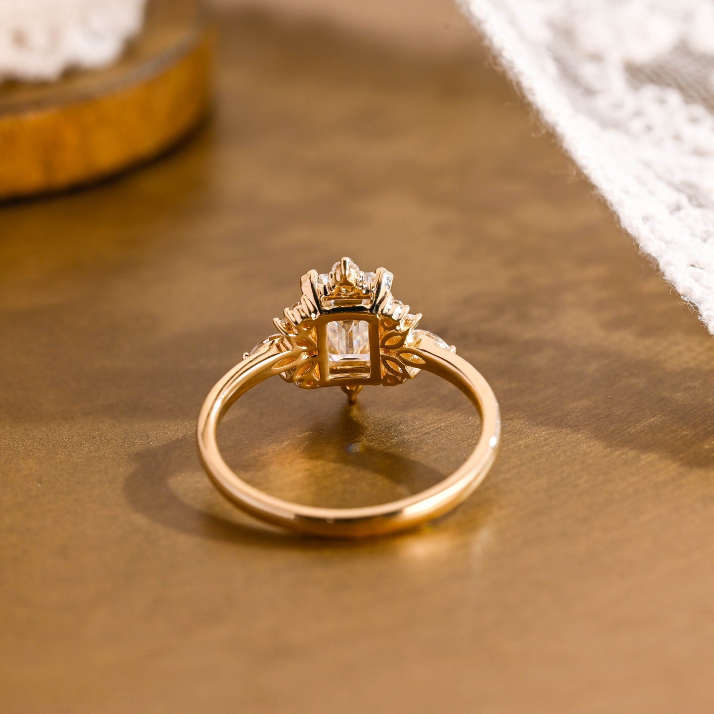 SquareJewelry emerald cut moissanite engagement ring Solid Gold Side Cluster Emerald Cut Moissanite Engagement Ring