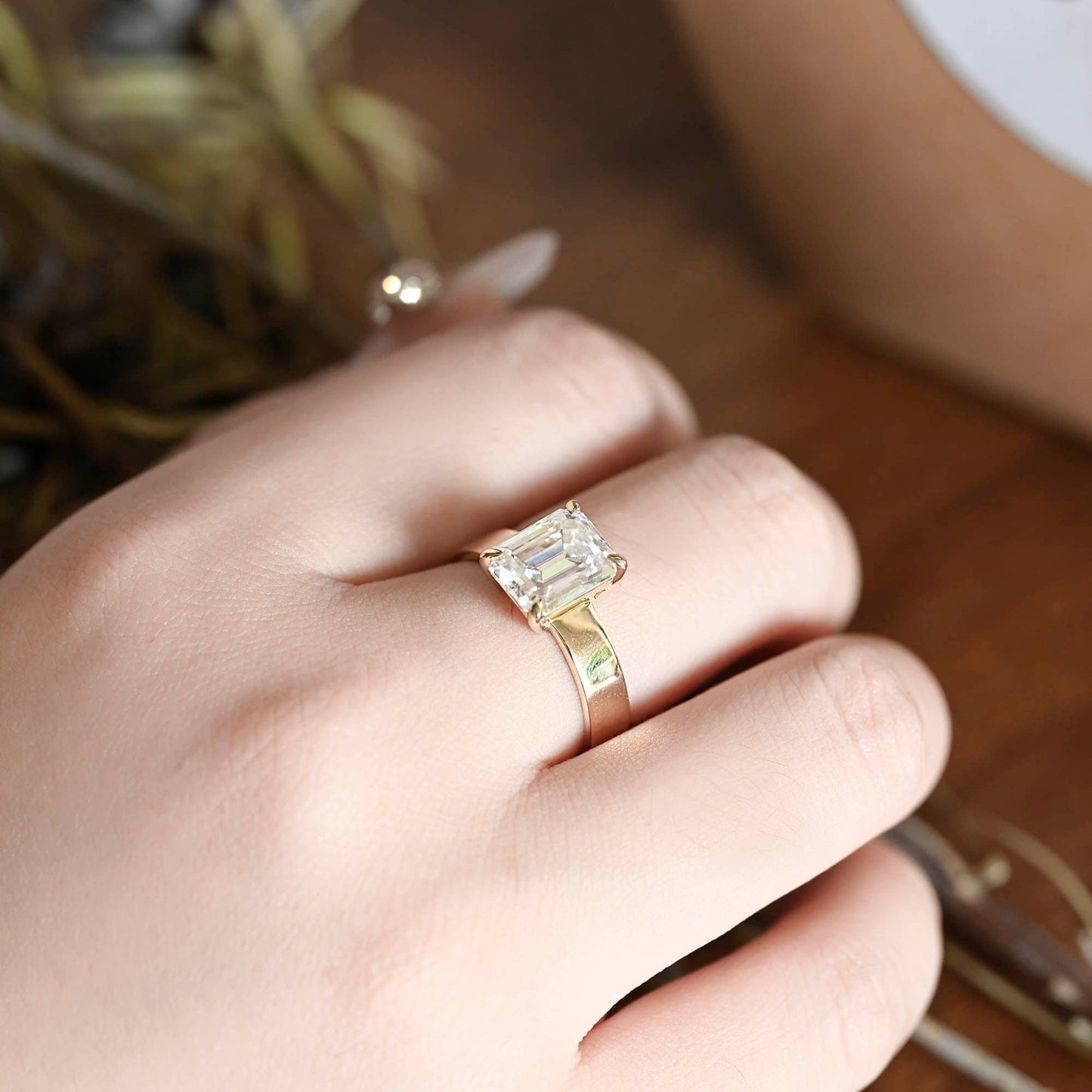 SquareJewelry emerald cut moissanite engagement ring Solid Gold Solitaire 4mm Width Emerald Cut Moissanite Engagement Ring