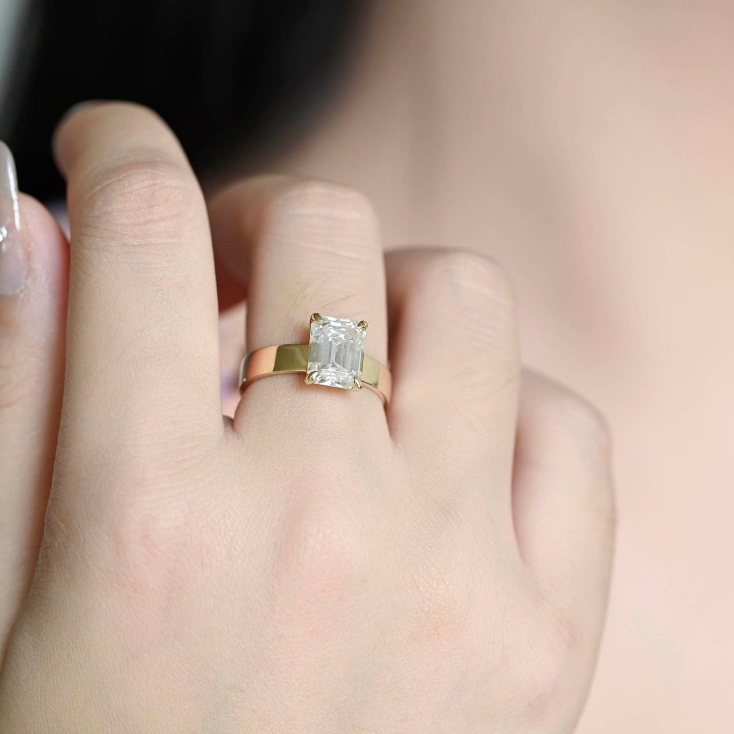 SquareJewelry emerald cut moissanite engagement ring Solid Gold Solitaire 4mm Width Emerald Cut Moissanite Engagement Ring