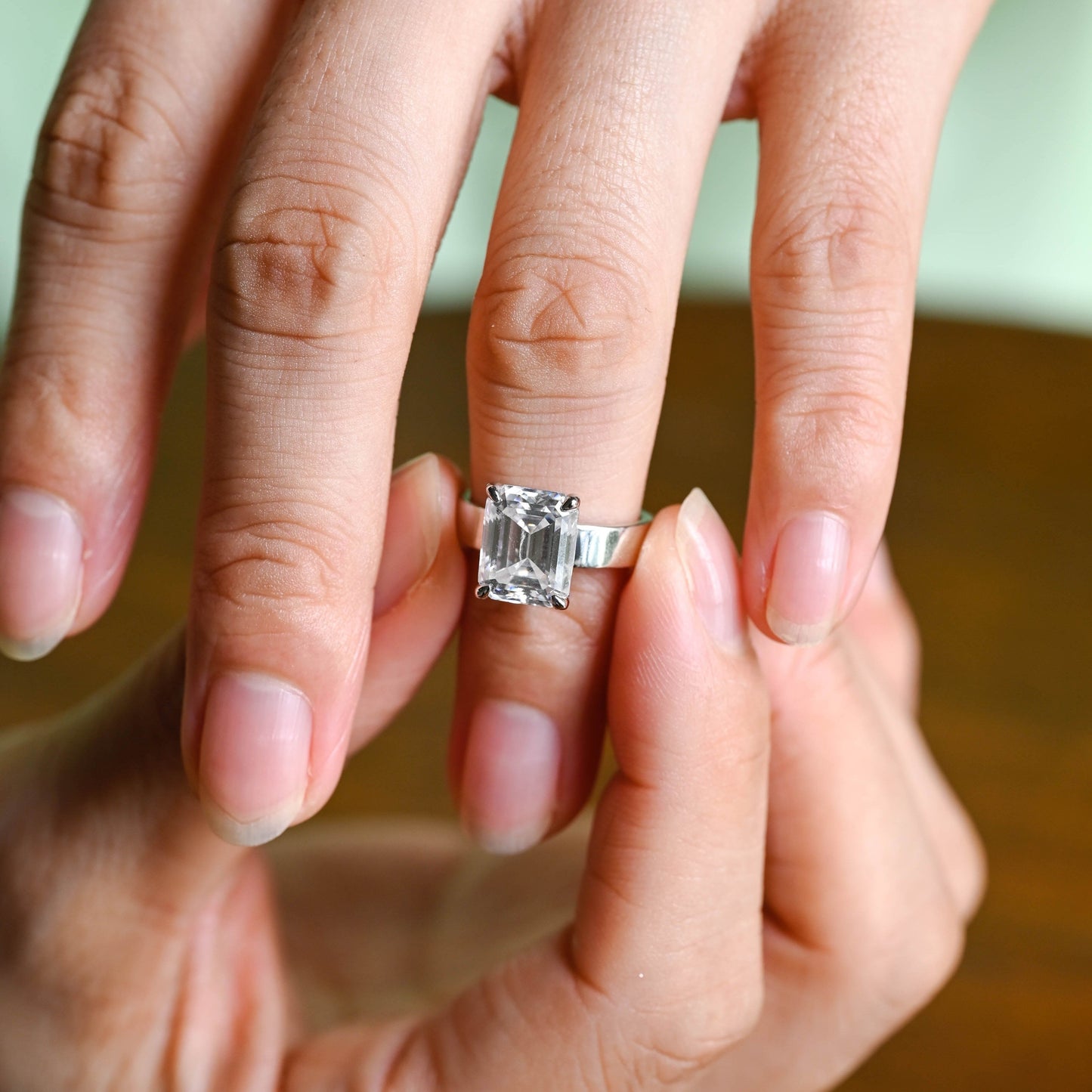 SquareJewelry emerald cut moissanite engagement ring Solid Gold Solitaire 4mm Width Emerald Cut Moissanite Engagement Ring