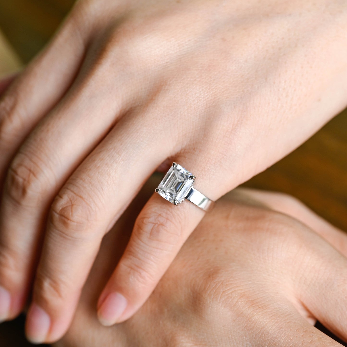SquareJewelry emerald cut moissanite engagement ring Solid Gold Solitaire 4mm Width Emerald Cut Moissanite Engagement Ring