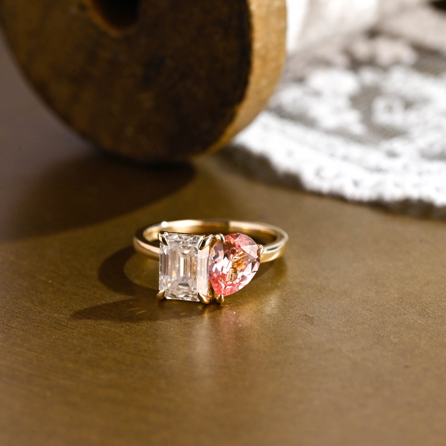 SquareJewelry emerald cut moissanite engagement ring Solid Gold Toi et Moi Emerald Cut Moissanite & Pear Cut Pink Sapphire Engagement Ring