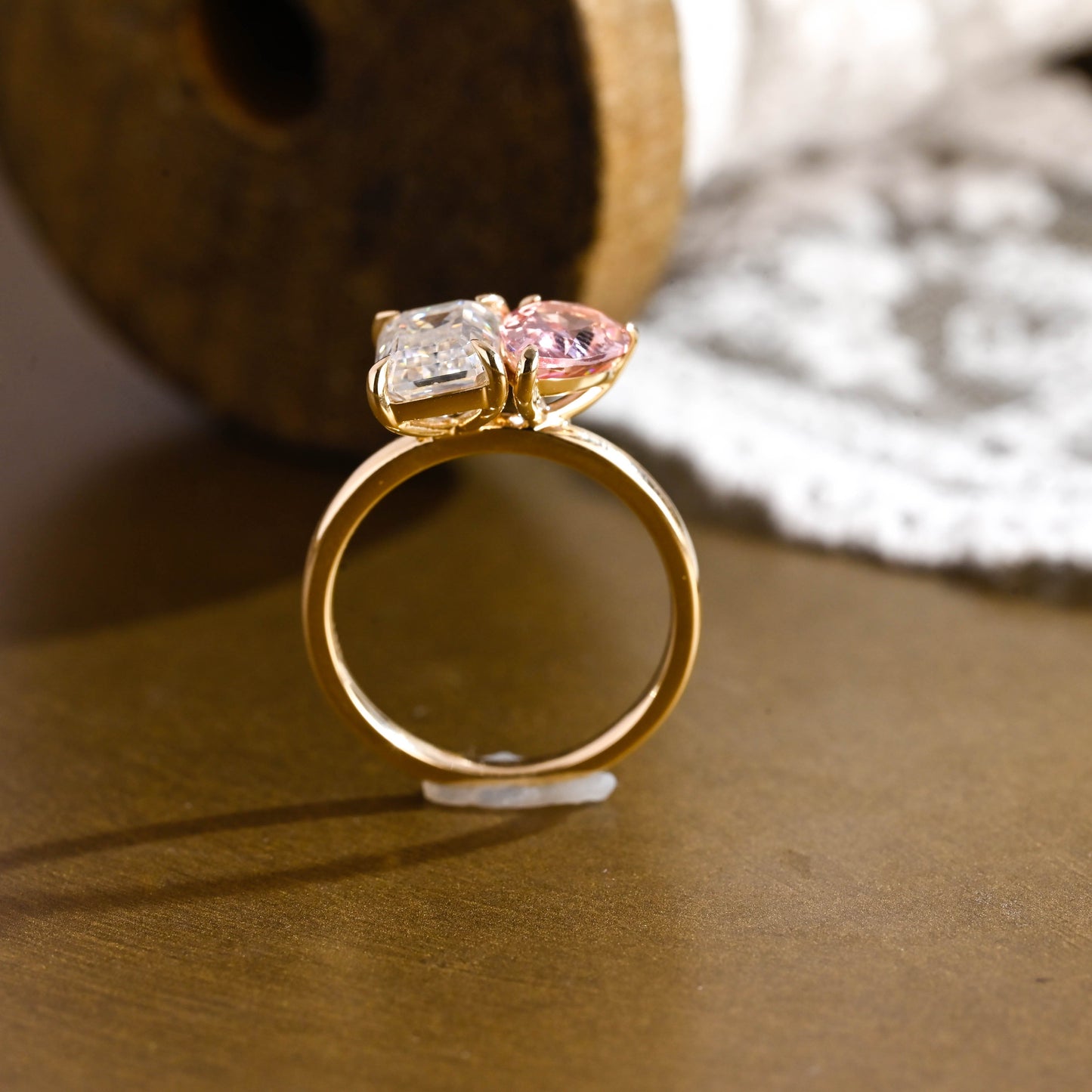 SquareJewelry emerald cut moissanite engagement ring Solid Gold Toi et Moi Emerald Cut Moissanite & Pear Cut Pink Sapphire Engagement Ring