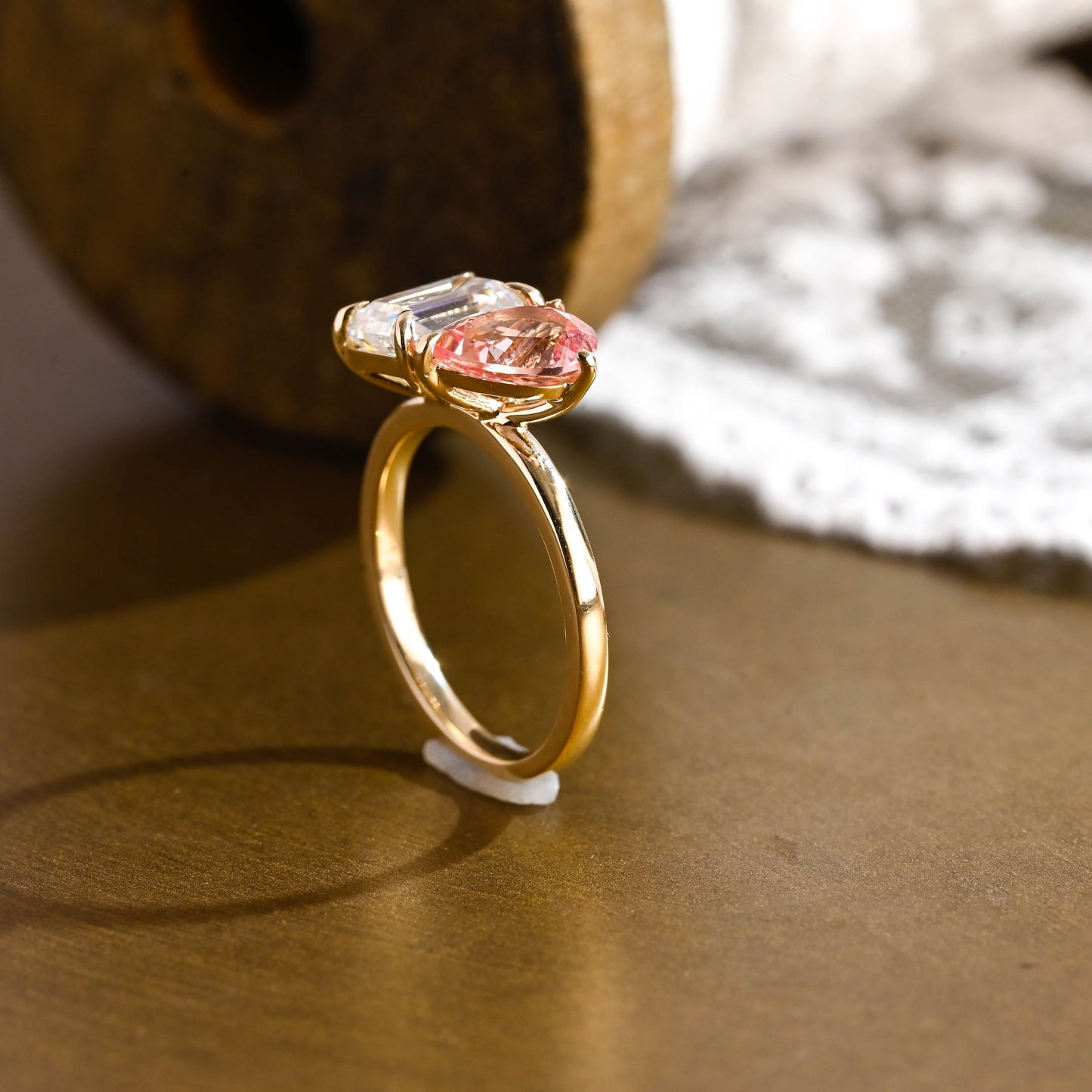 SquareJewelry emerald cut moissanite engagement ring Solid Gold Toi et Moi Emerald Cut Moissanite & Pear Cut Pink Sapphire Engagement Ring