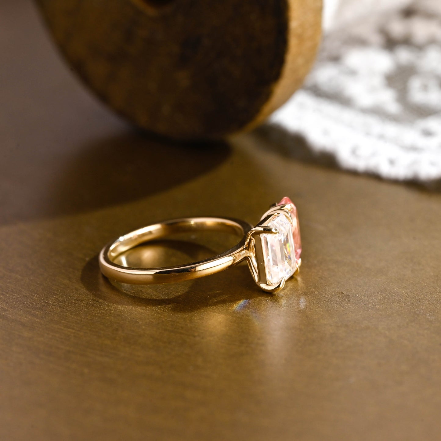 SquareJewelry emerald cut moissanite engagement ring Solid Gold Toi et Moi Emerald Cut Moissanite & Pear Cut Pink Sapphire Engagement Ring