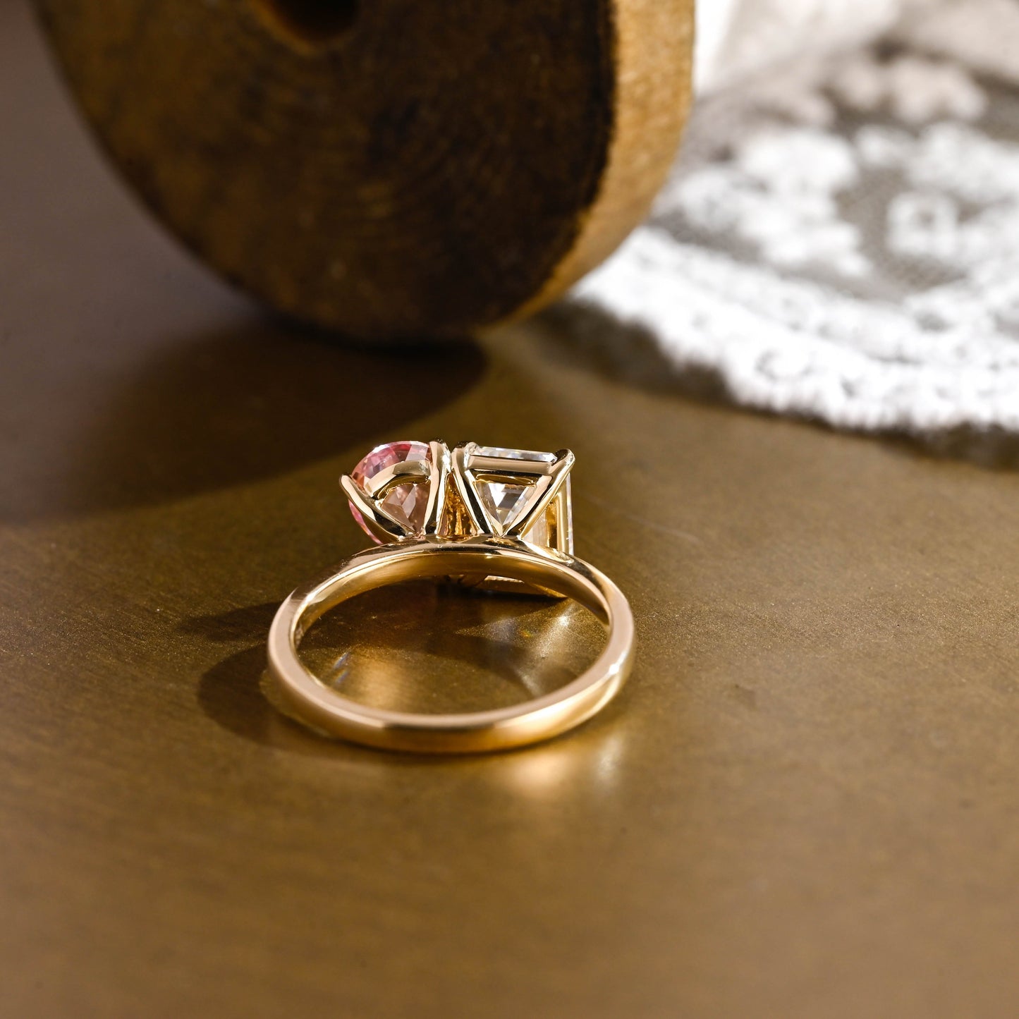 SquareJewelry emerald cut moissanite engagement ring Solid Gold Toi et Moi Emerald Cut Moissanite & Pear Cut Pink Sapphire Engagement Ring