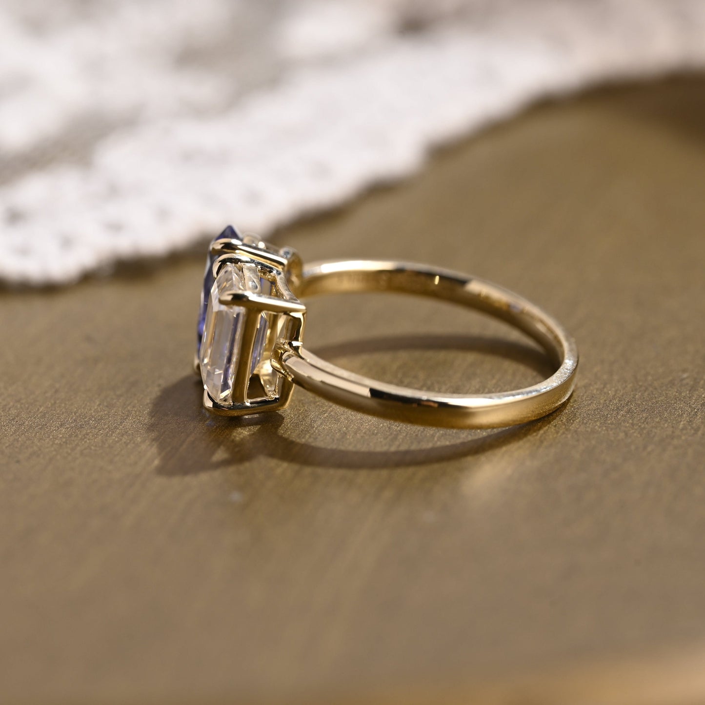 SquareJewelry emerald cut moissanite engagement ring Solid Gold Toi et Moi Emerald Moissanite & Pear Blue Lab Grown Sapphire Engagement Ring