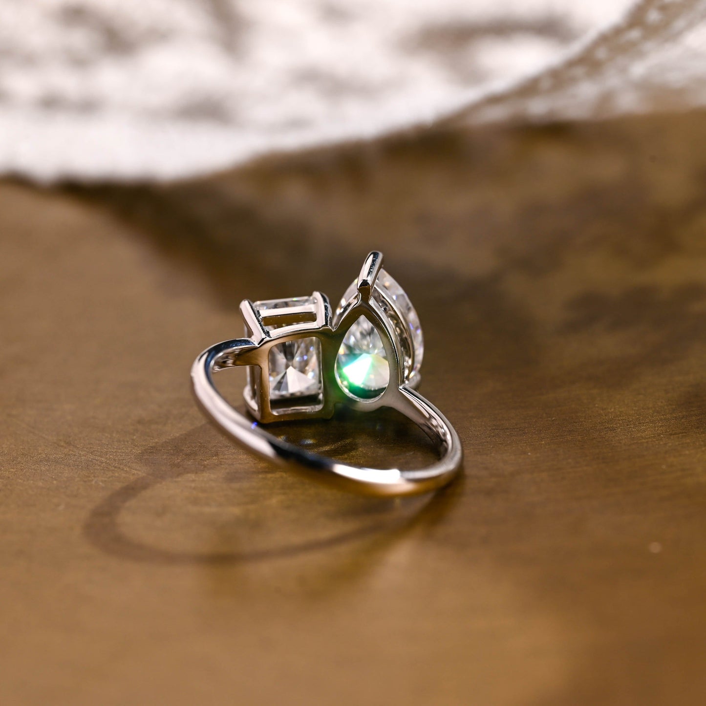SquareJewelry emerald cut moissanite engagement ring Solid Gold Toi et Moi Radiant & Pear Moissanite Engagement Ring