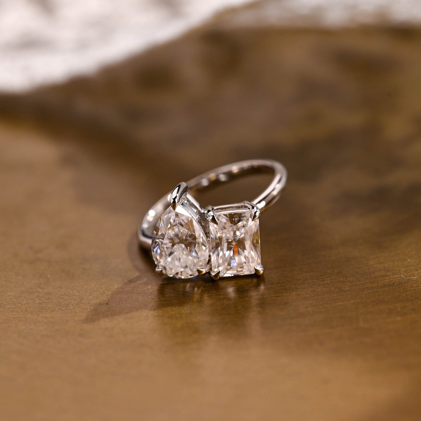 SquareJewelry emerald cut moissanite engagement ring Solid Gold Toi et Moi Radiant & Pear Moissanite Engagement Ring