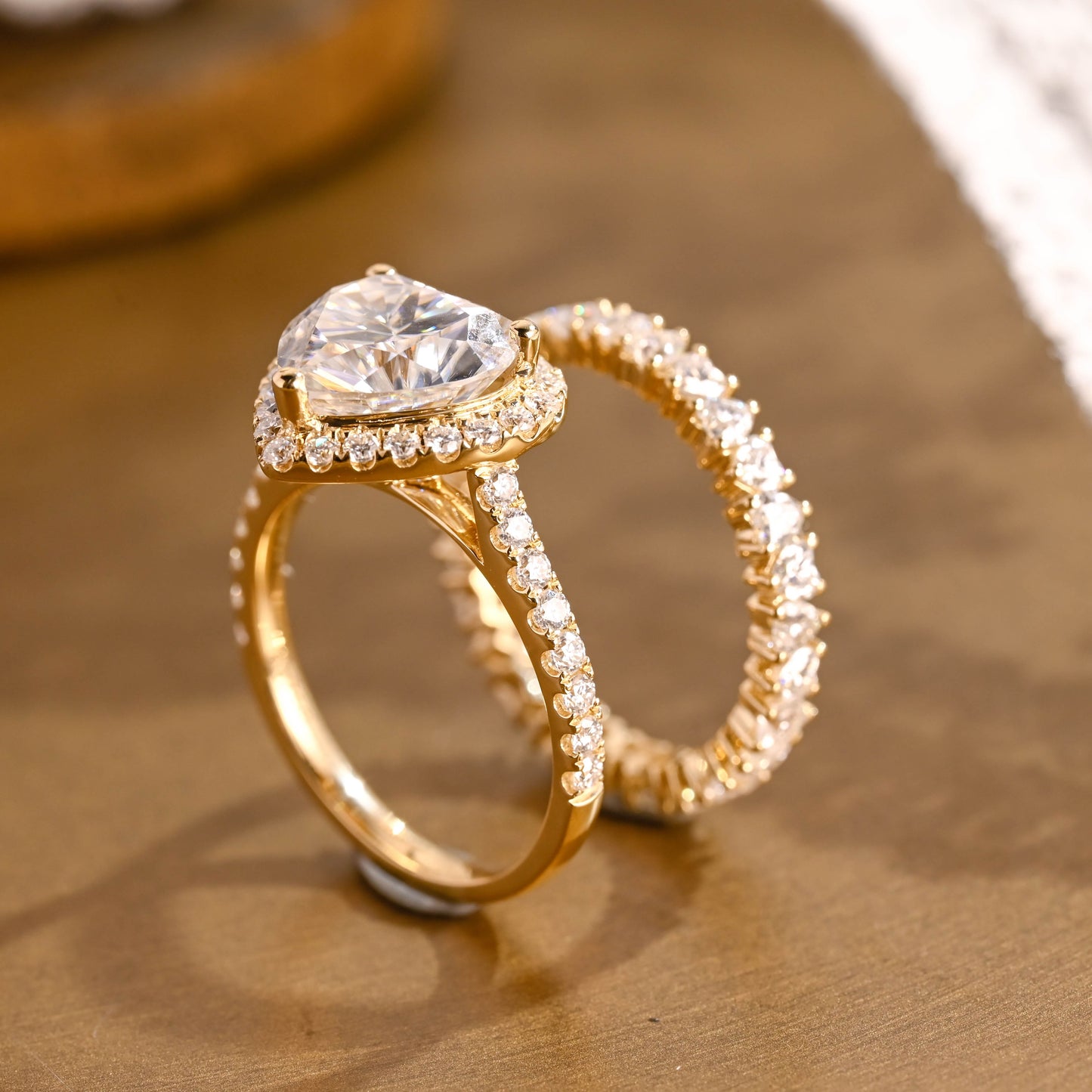 SquareJewelry heart cut bridal set Solid Gold Halo Heart Cut Moissanite Engagement Ring Set