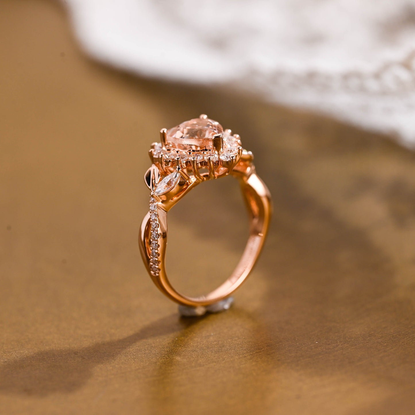 SquareJewelry heart cut lab grown sapphire engagement ring Champagne Bliss: Split Shank Heart Cut Lab Grown Sapphire Ring