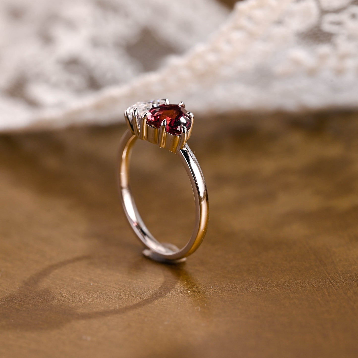 SquareJewelry heart cut moissanite engagement ring Toi et Moi Heart Garnet Color & Pear Moissanite Engagement Ring