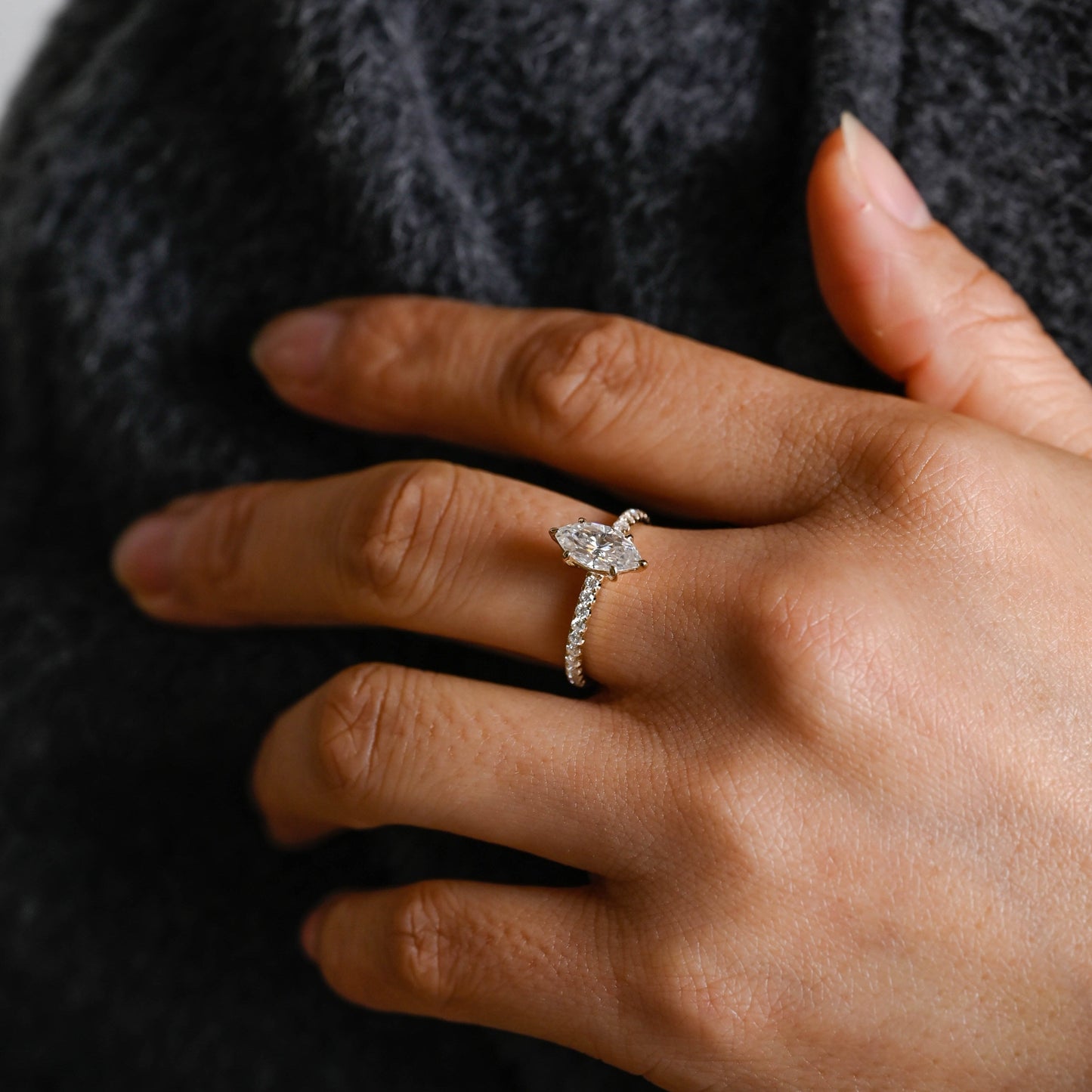 SquareJewelry marquise cut moissanite engagement ring Solid Gold Crushed Ice Marquise Cut Moissanite Engagement Ring