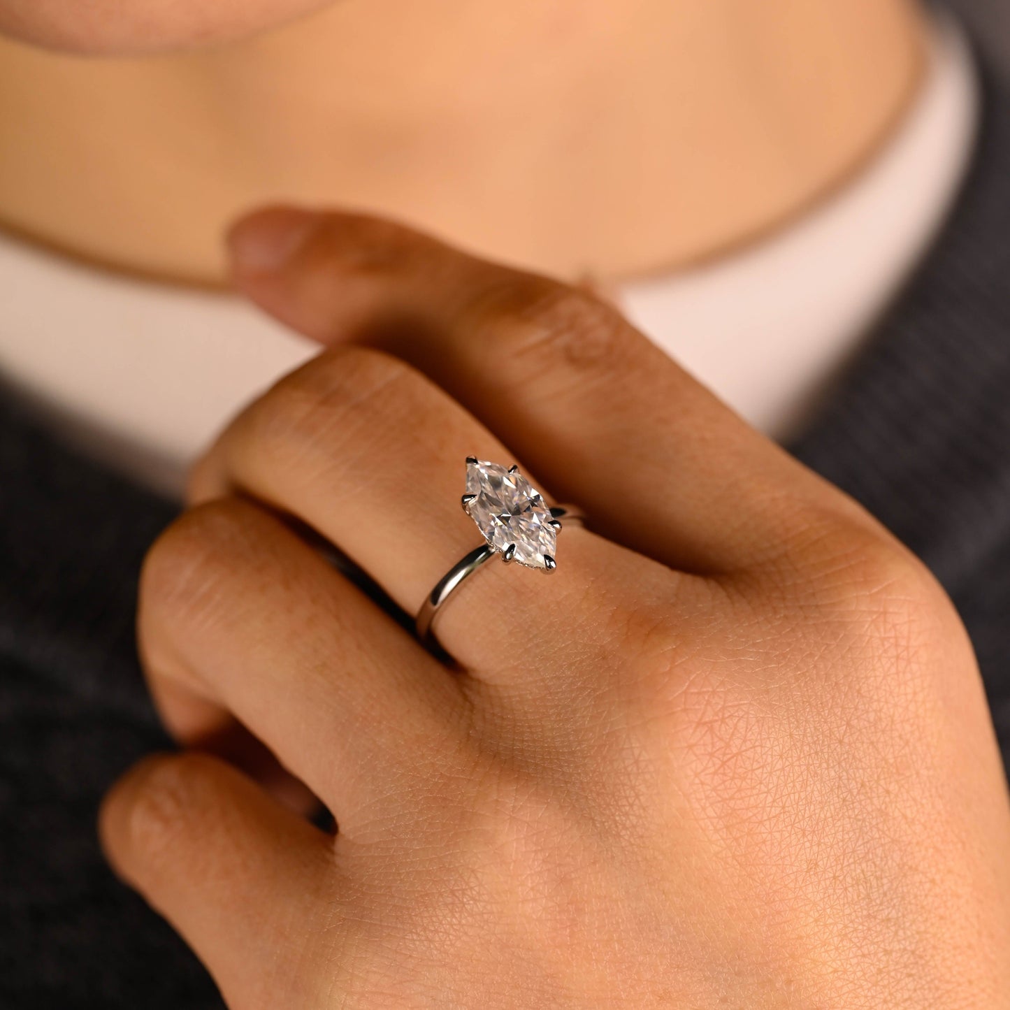 SquareJewelry marquise cut moissanite engagement ring Solid Gold Hidden Halo Stackable Marquise Cut Moissanite Engagement Ring