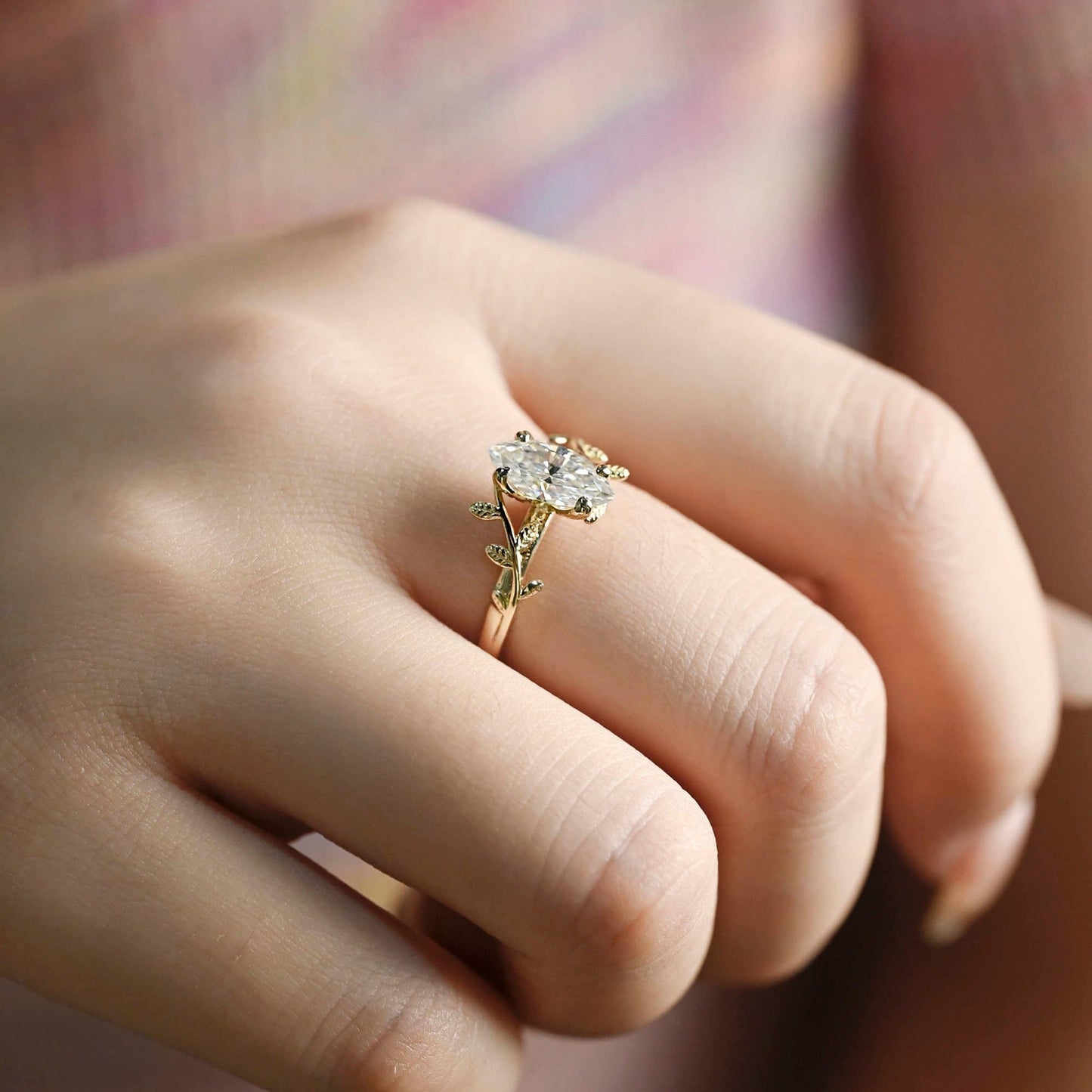 SquareJewelry marquise cut moissanite engagement ring Solid Gold Leaf Marquise Moissanite Engagement Ring