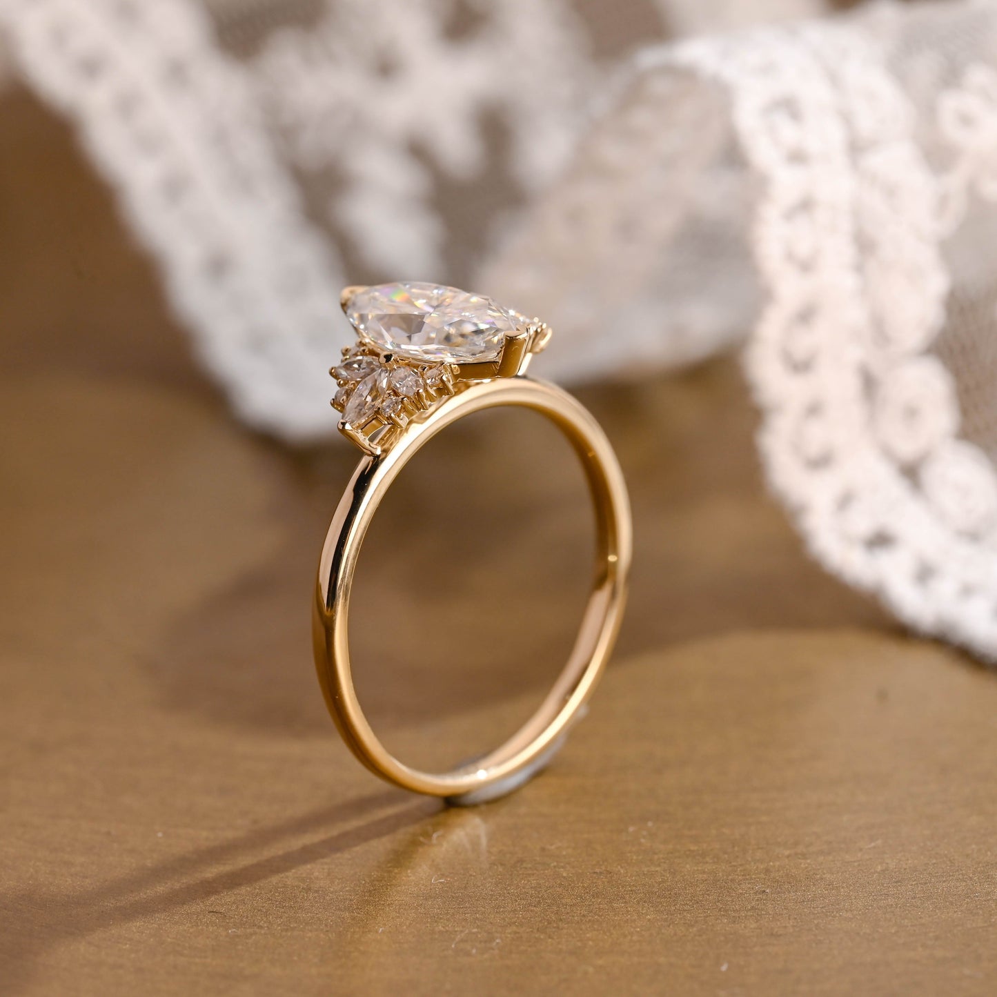 SquareJewelry marquise cut moissanite engagement ring Solid Gold Side Cluster Marquise Cut Moissanite Engagement Ring