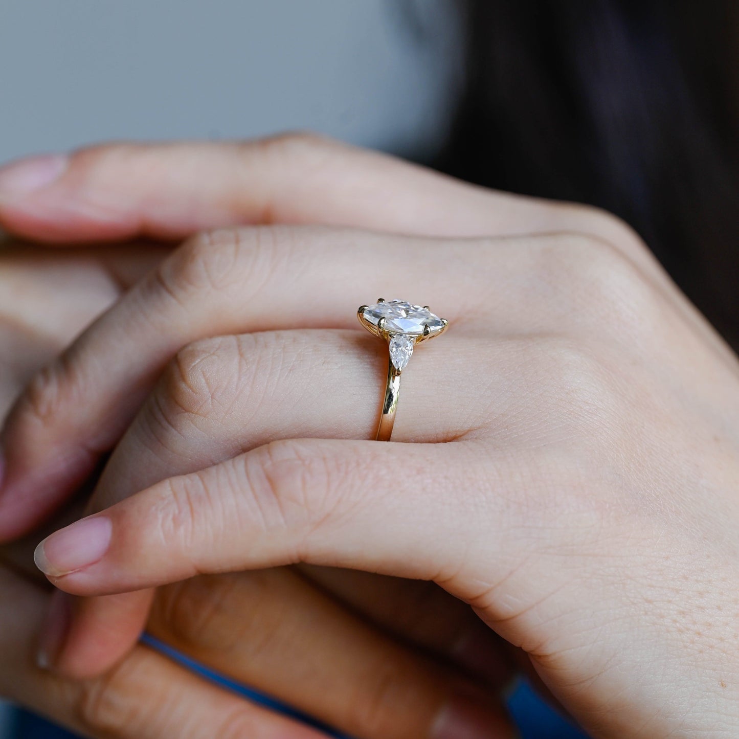 SquareJewelry marquise cut moissanite engagement ring Solid Gold Three Stone Marquise Cut Moissanite Engagement Ring