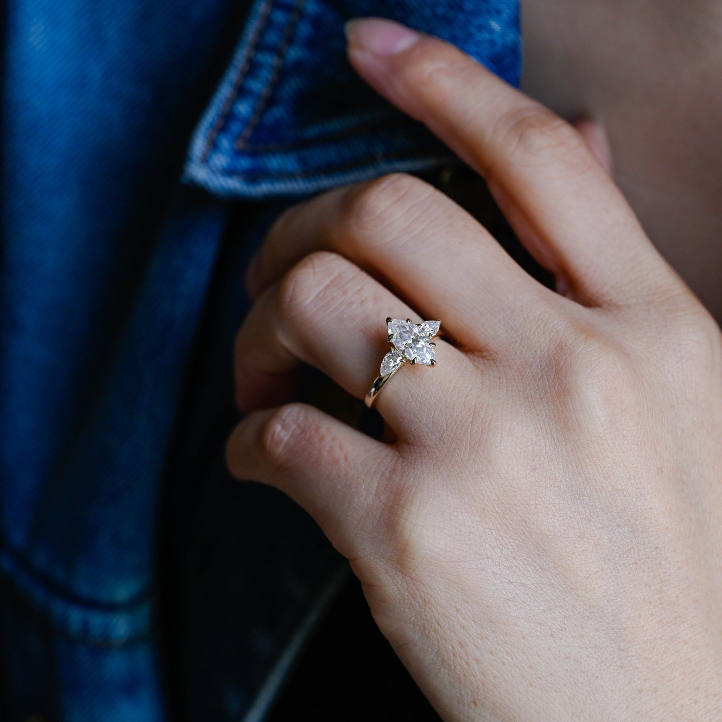 SquareJewelry marquise cut moissanite engagement ring Solid Gold Three Stone Marquise Cut Moissanite Engagement Ring