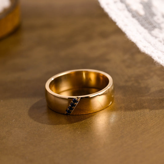 SquareJewelry men's wedding ring Solid Gold Lab Grown Blue Sapphire Accents 6mm Unisex Wedding Band