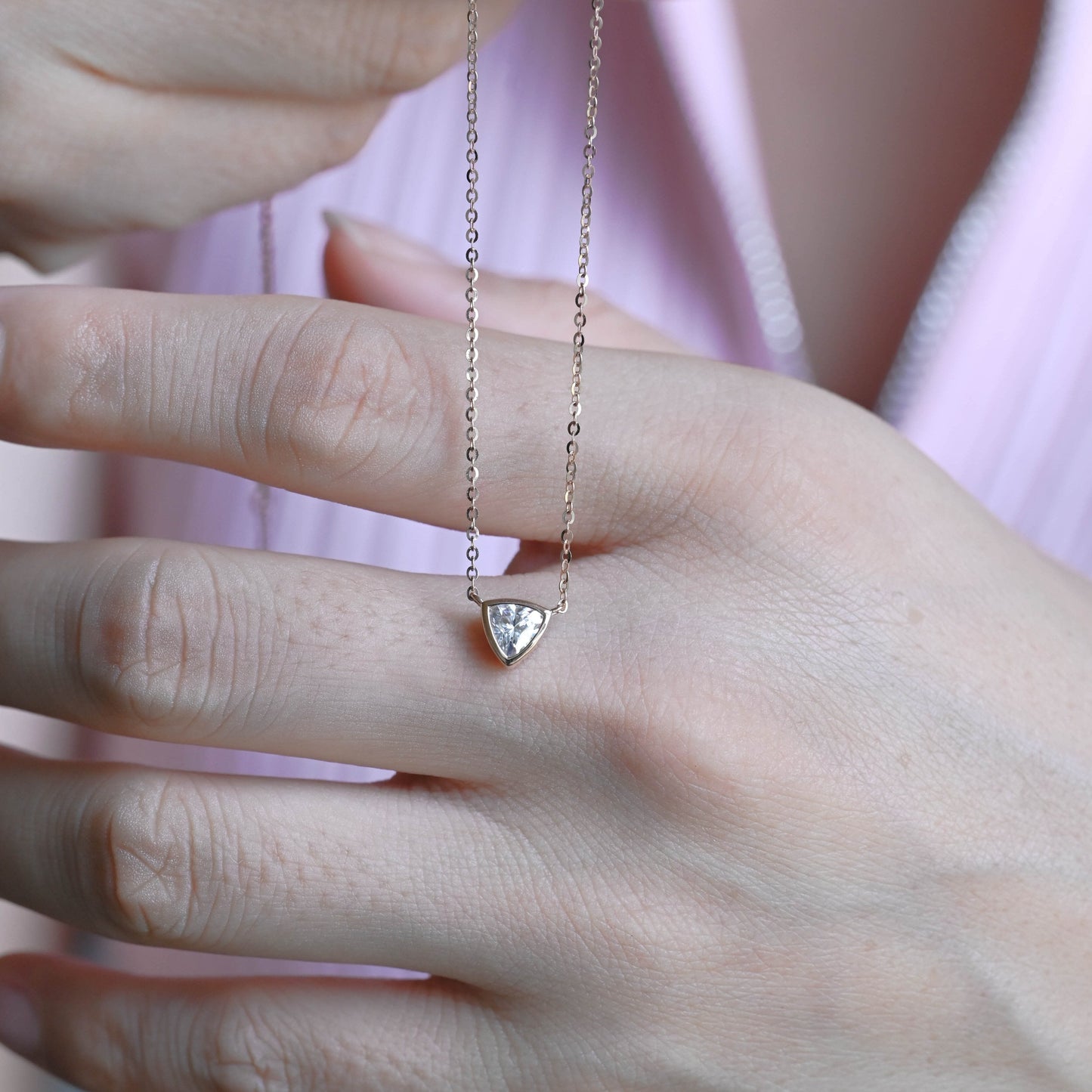 SquareJewelry necklace Solid Gold Bezel Trillion Cut Moissanite Pendant