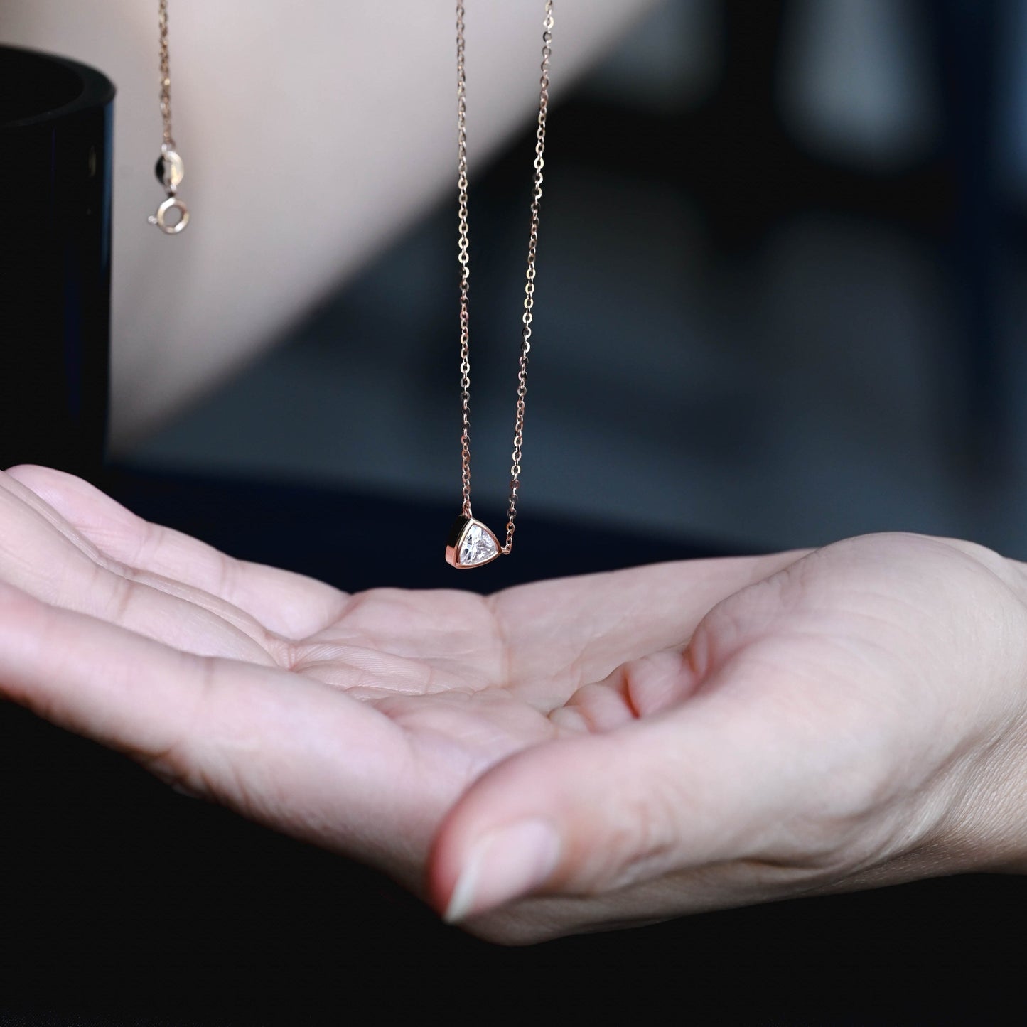 SquareJewelry necklace Solid Gold Bezel Trillion Cut Moissanite Pendant