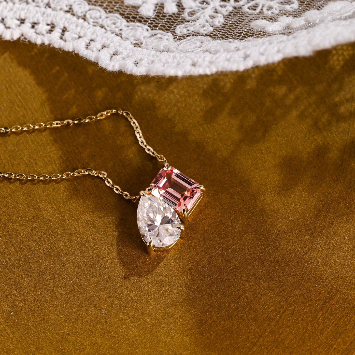 SquareJewelry necklace Toi et Moi Pink Emerald Cut & Pear Cut Moissanite Pendant