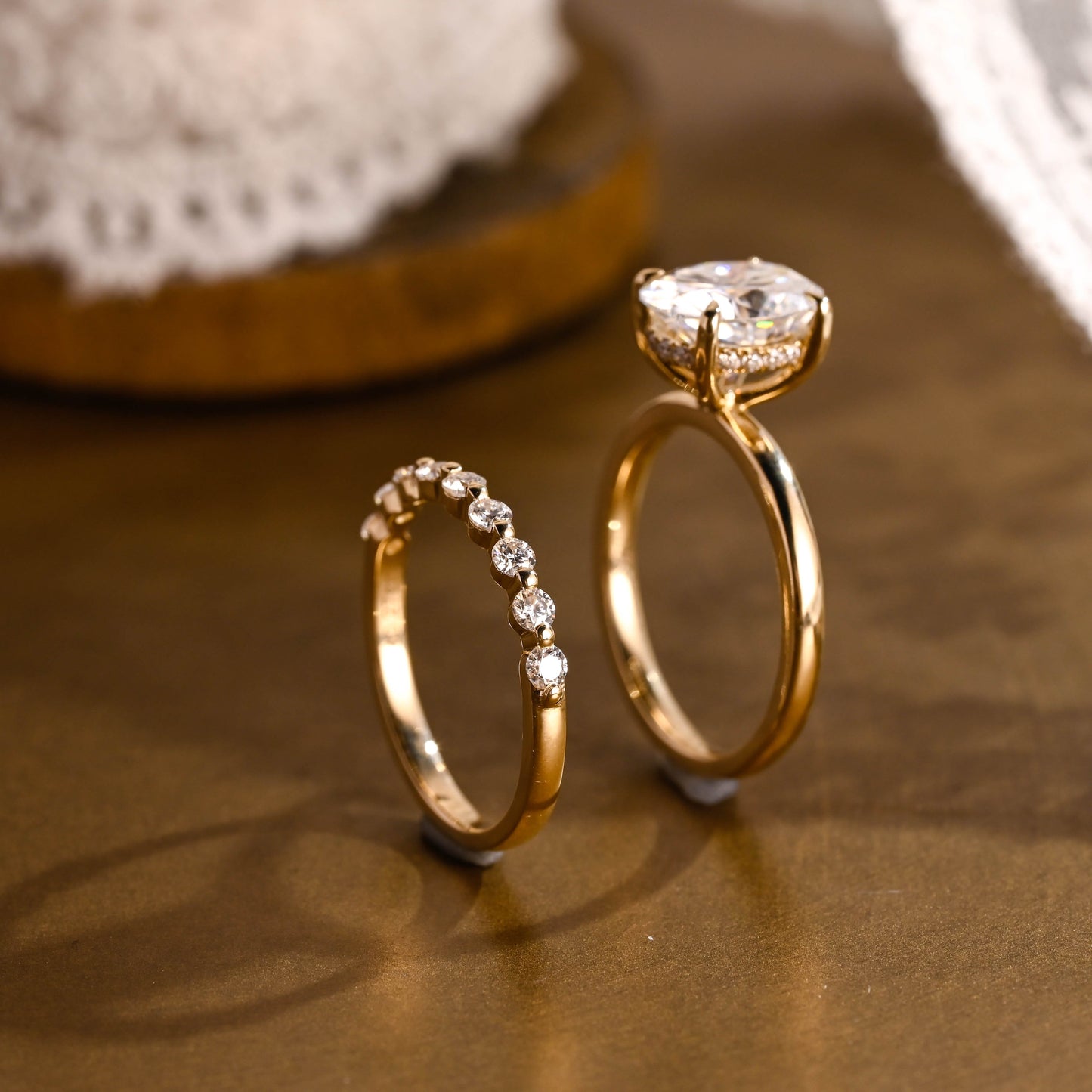 SquareJewelry oval cut bridal set Solid Gold Classic Hidden Halo Oval Moissanite Engagement Ring Set