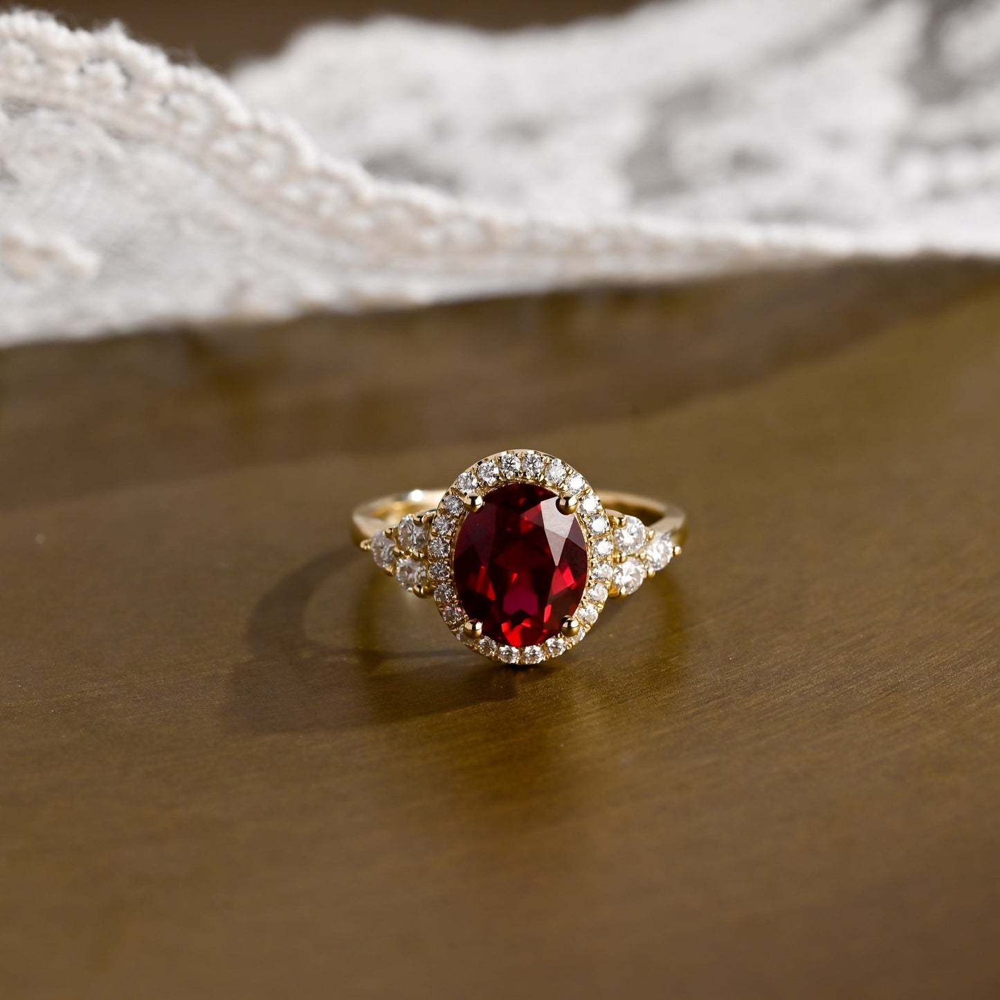 SquareJewelry oval cut lab grown ruby engagement ring Solid Gold Halo Oval Lab Grown Ruby Engagement Ring