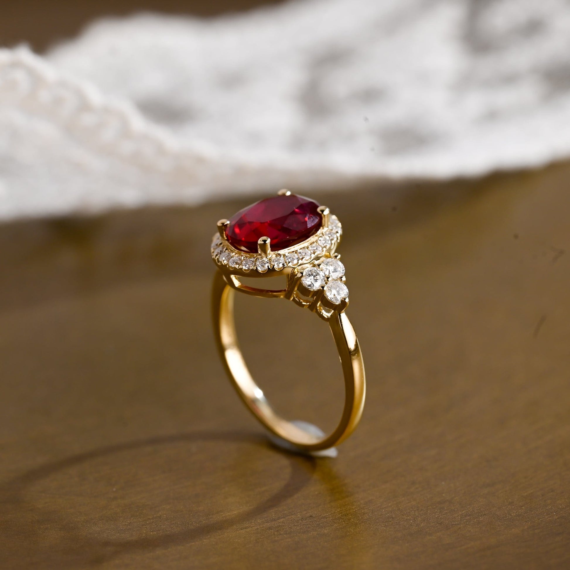 SquareJewelry oval cut lab grown ruby engagement ring Solid Gold Halo Oval Lab Grown Ruby Engagement Ring