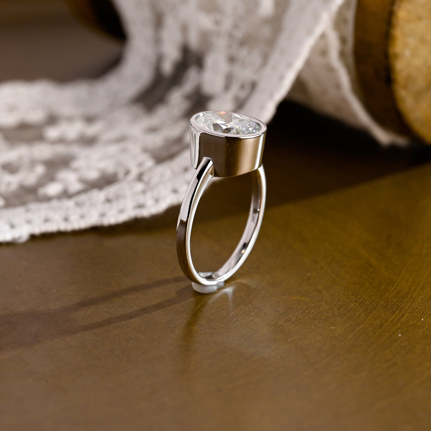 SquareJewelry oval cut moissanite engagement ring Solid Gold Bezel Oval Moissanite Engagement Ring