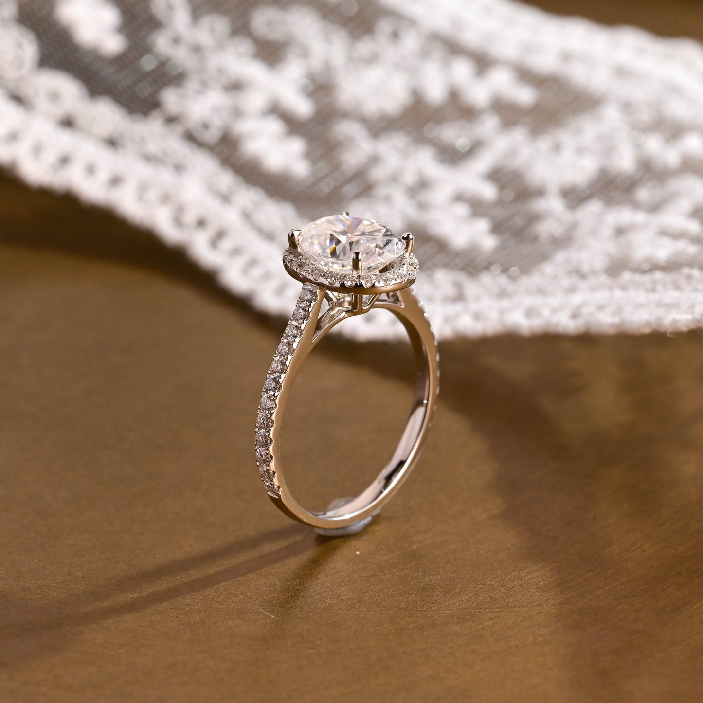 SquareJewelry oval cut moissanite engagement ring Solid Gold Cathedral Setting Halo Oval Cut Moissanite Engagement Ring