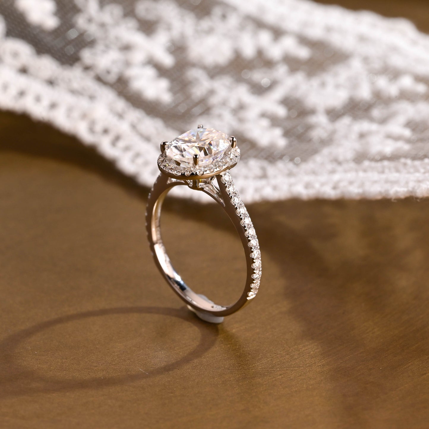 SquareJewelry oval cut moissanite engagement ring Solid Gold Cathedral Setting Halo Oval Cut Moissanite Engagement Ring