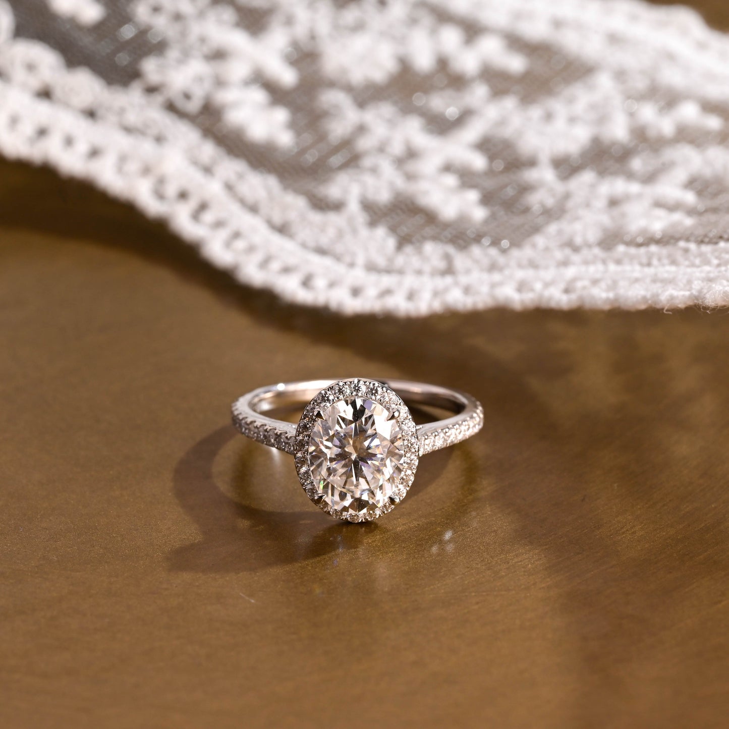 SquareJewelry oval cut moissanite engagement ring Solid Gold Cathedral Setting Halo Oval Cut Moissanite Engagement Ring