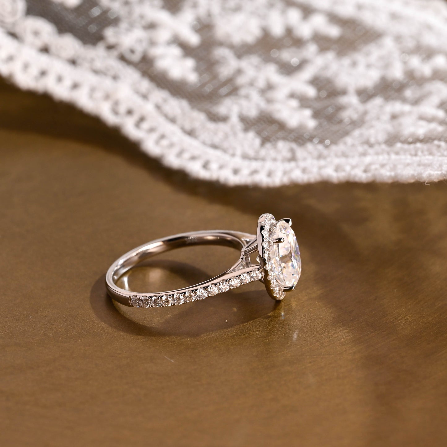 SquareJewelry oval cut moissanite engagement ring Solid Gold Cathedral Setting Halo Oval Cut Moissanite Engagement Ring