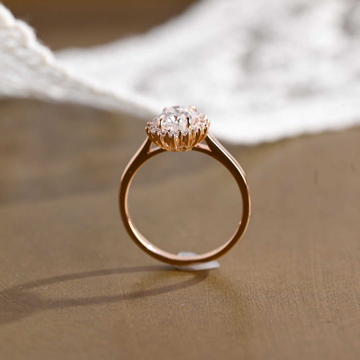 SquareJewelry oval cut moissanite engagement ring Solid Gold Cathedral Starburst Halo Oval Moissanite Engagement Ring