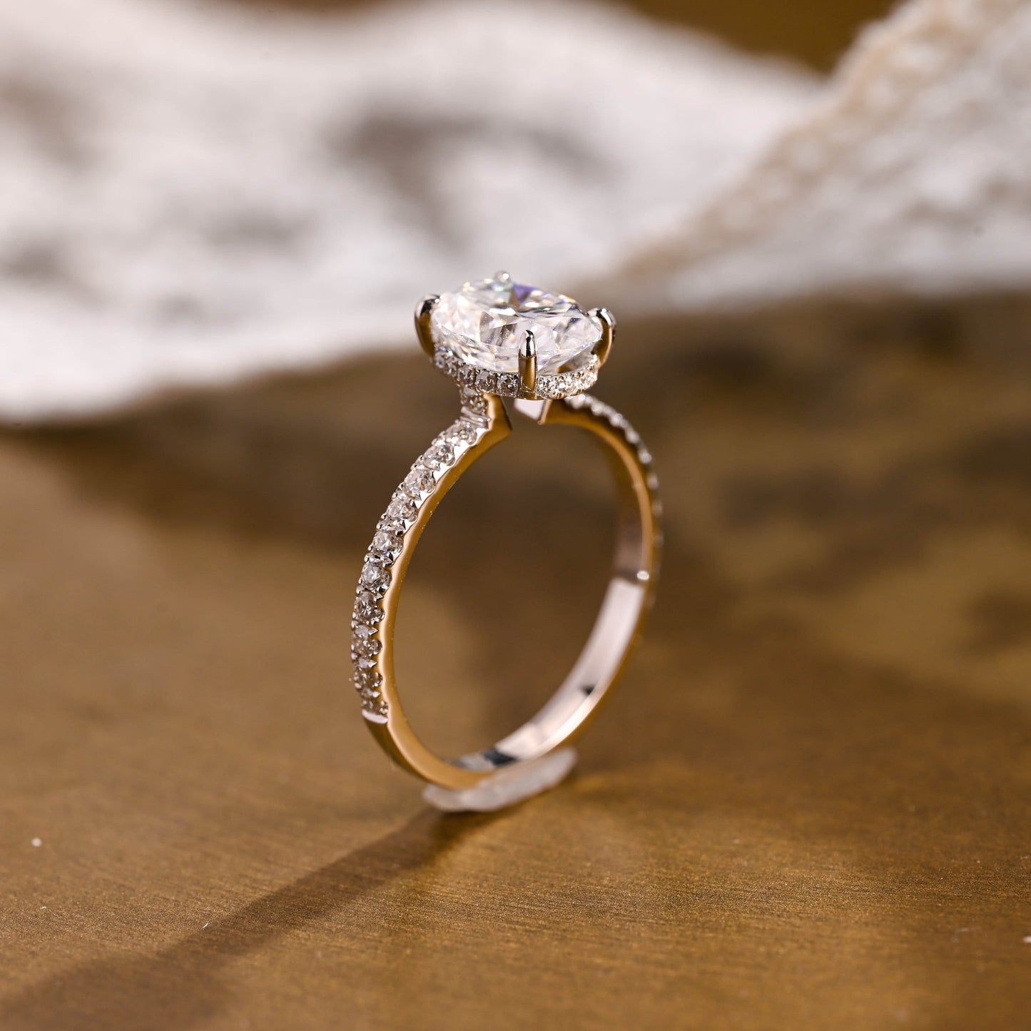 SquareJewelry oval cut moissanite engagement ring Solid Gold Floating Hidden Halo Oval Cut Moissanite Engagement Ring