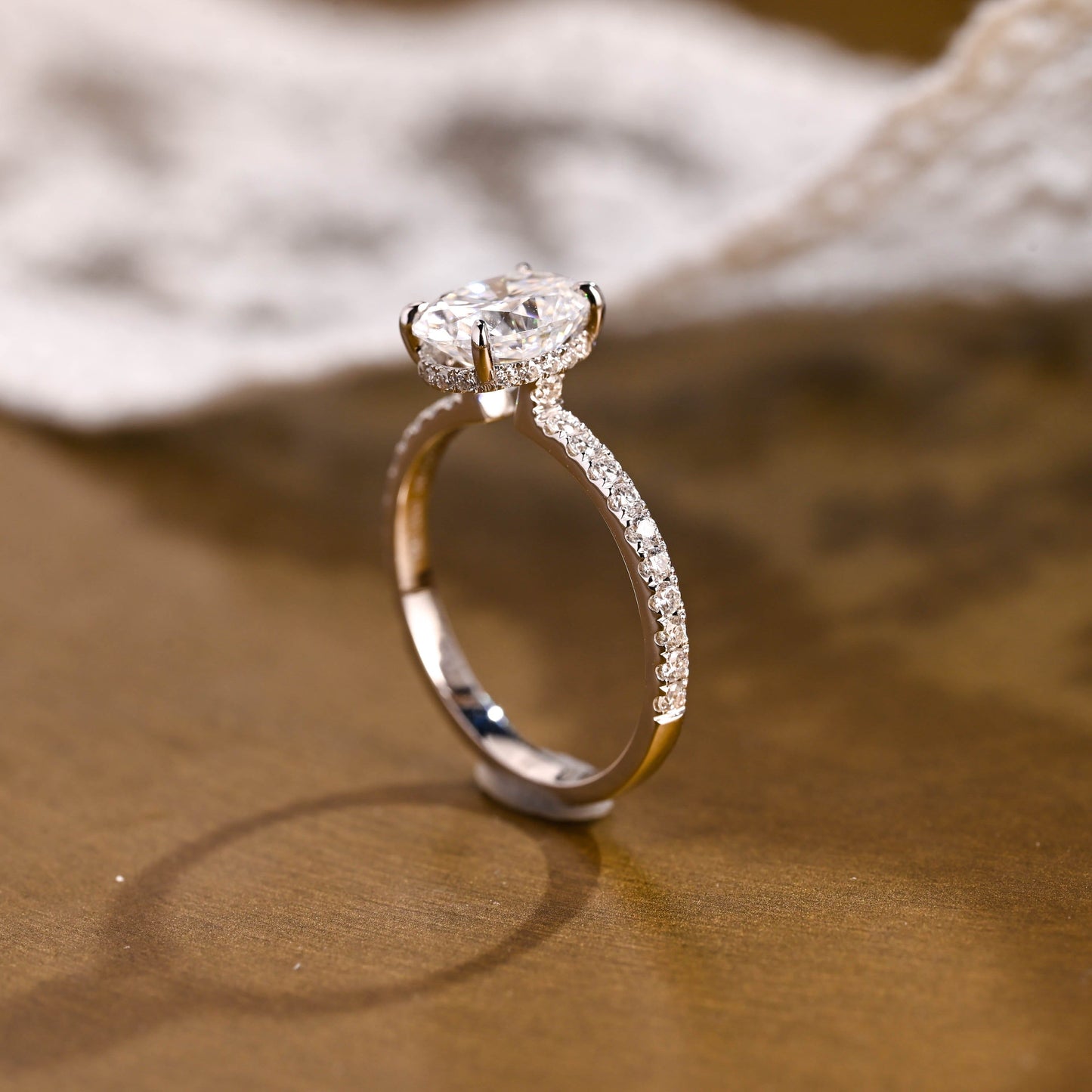SquareJewelry oval cut moissanite engagement ring Solid Gold Floating Hidden Halo Oval Cut Moissanite Engagement Ring