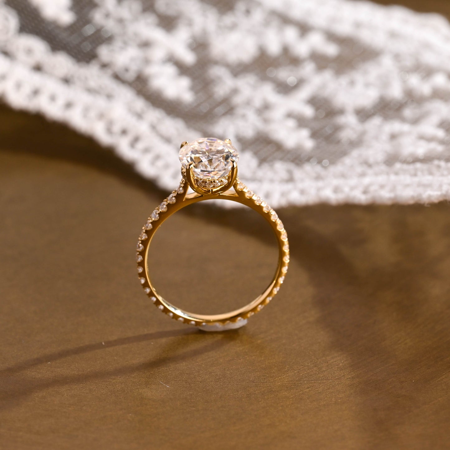 SquareJewelry oval cut moissanite engagement ring Solid Gold Hidden Halo Oval Cut Moissanite Engagement Ring