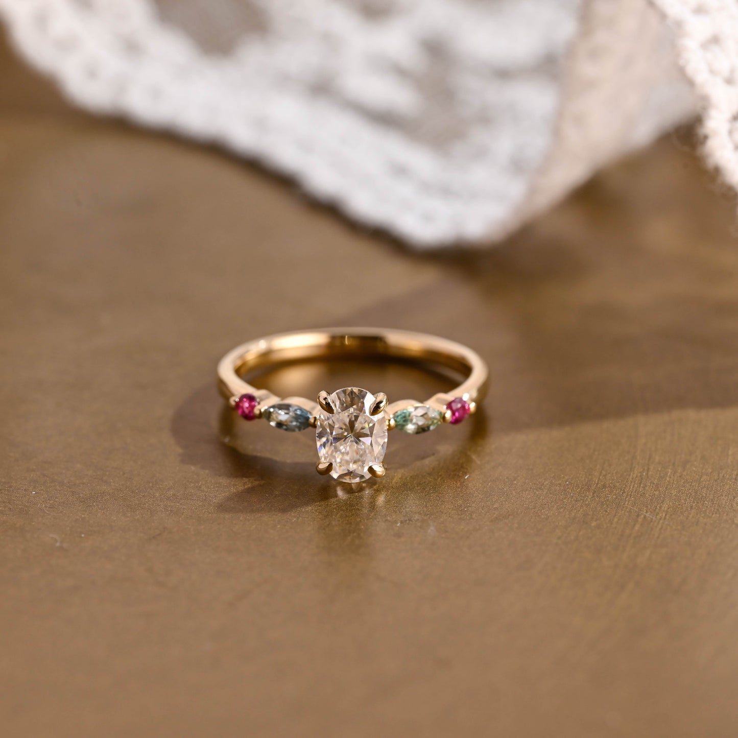 SquareJewelry oval cut moissanite engagement ring Solid Gold Oval Cut Moissanite Engagement Ring with Aquamarine & Ruby Side Stones