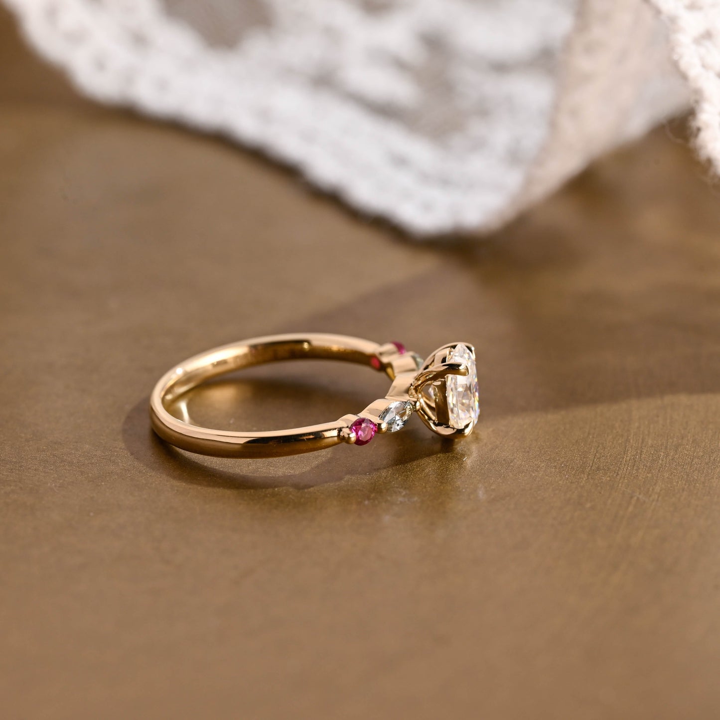 SquareJewelry oval cut moissanite engagement ring Solid Gold Oval Cut Moissanite Engagement Ring with Aquamarine & Ruby Side Stones
