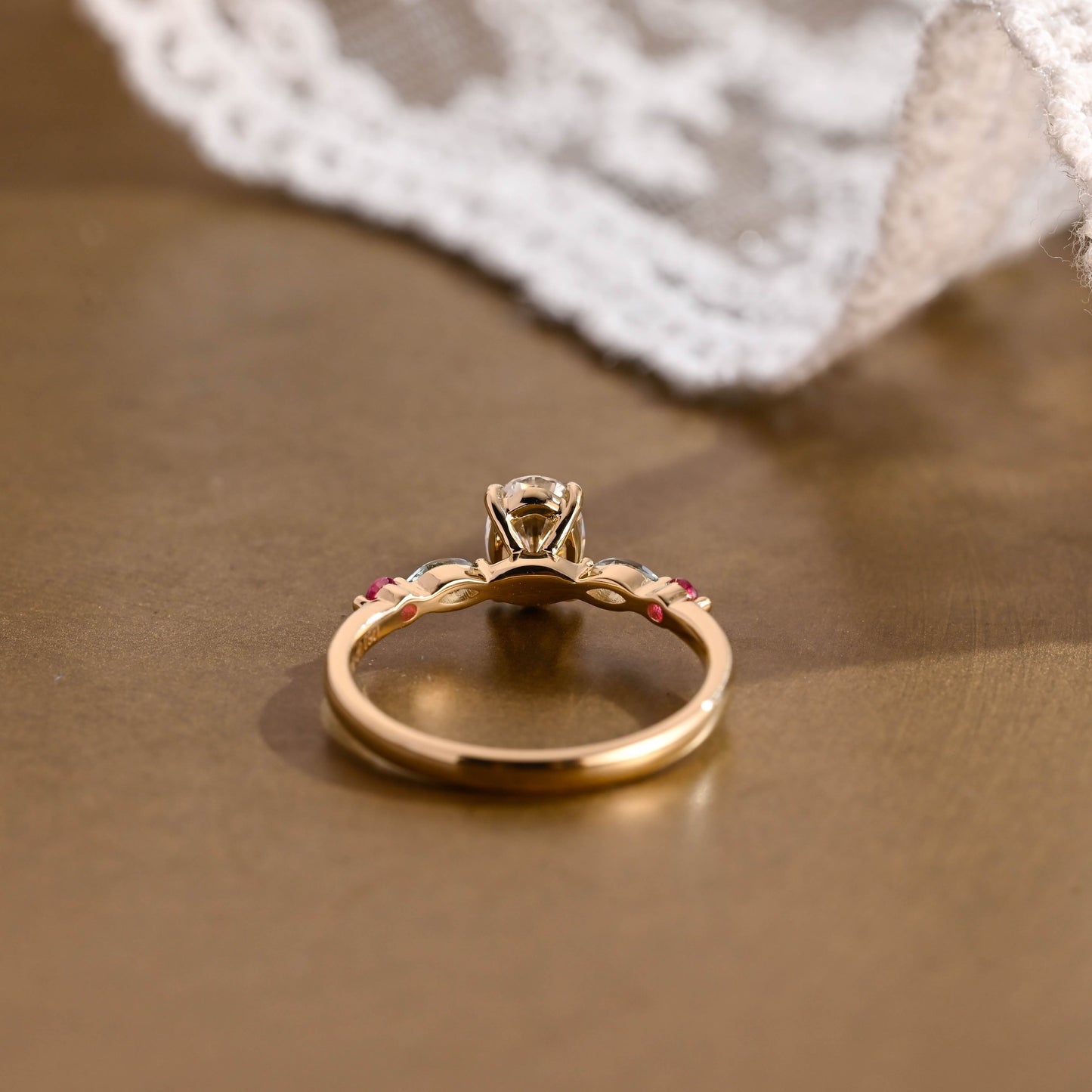 SquareJewelry oval cut moissanite engagement ring Solid Gold Oval Cut Moissanite Engagement Ring with Aquamarine & Ruby Side Stones